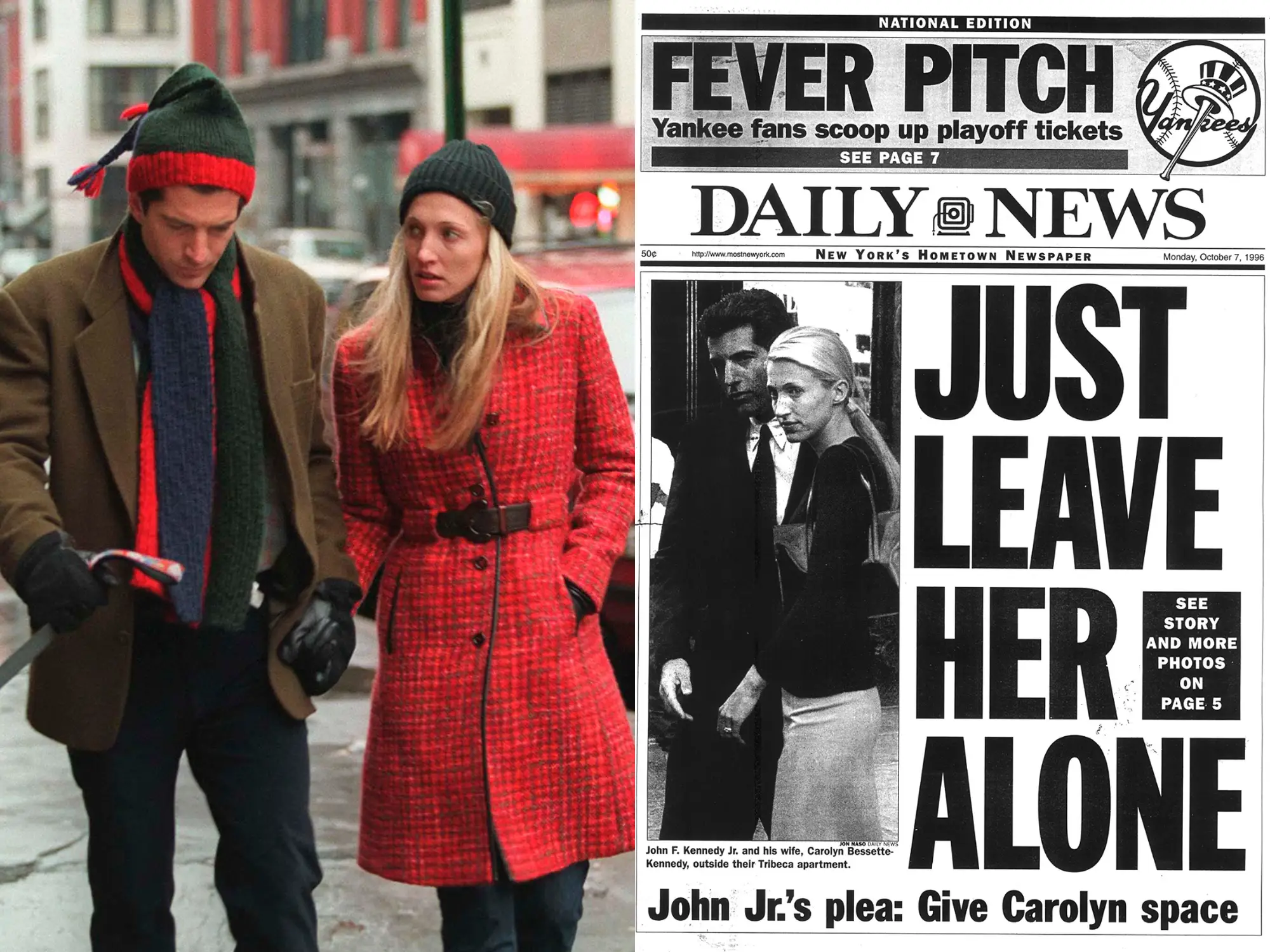 John F. Kennedy Jr. and Carolyn Bessette in New York City and the front cover of the October 7, 1996, Daily News picturing the couple and the headline