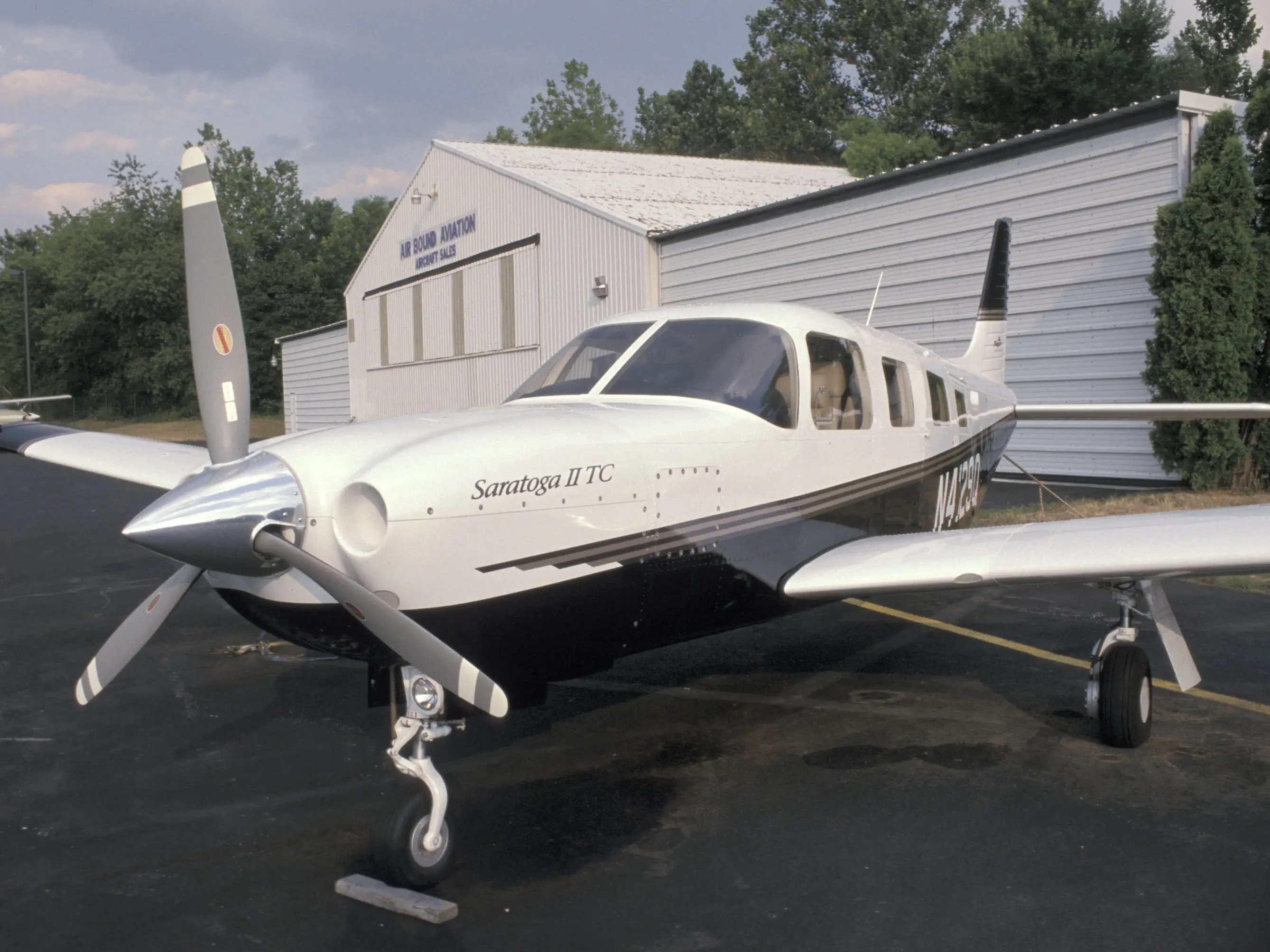 The hangar where John Kennedy Jr. kept his Piper Saratoga airplane and a similar model plane.