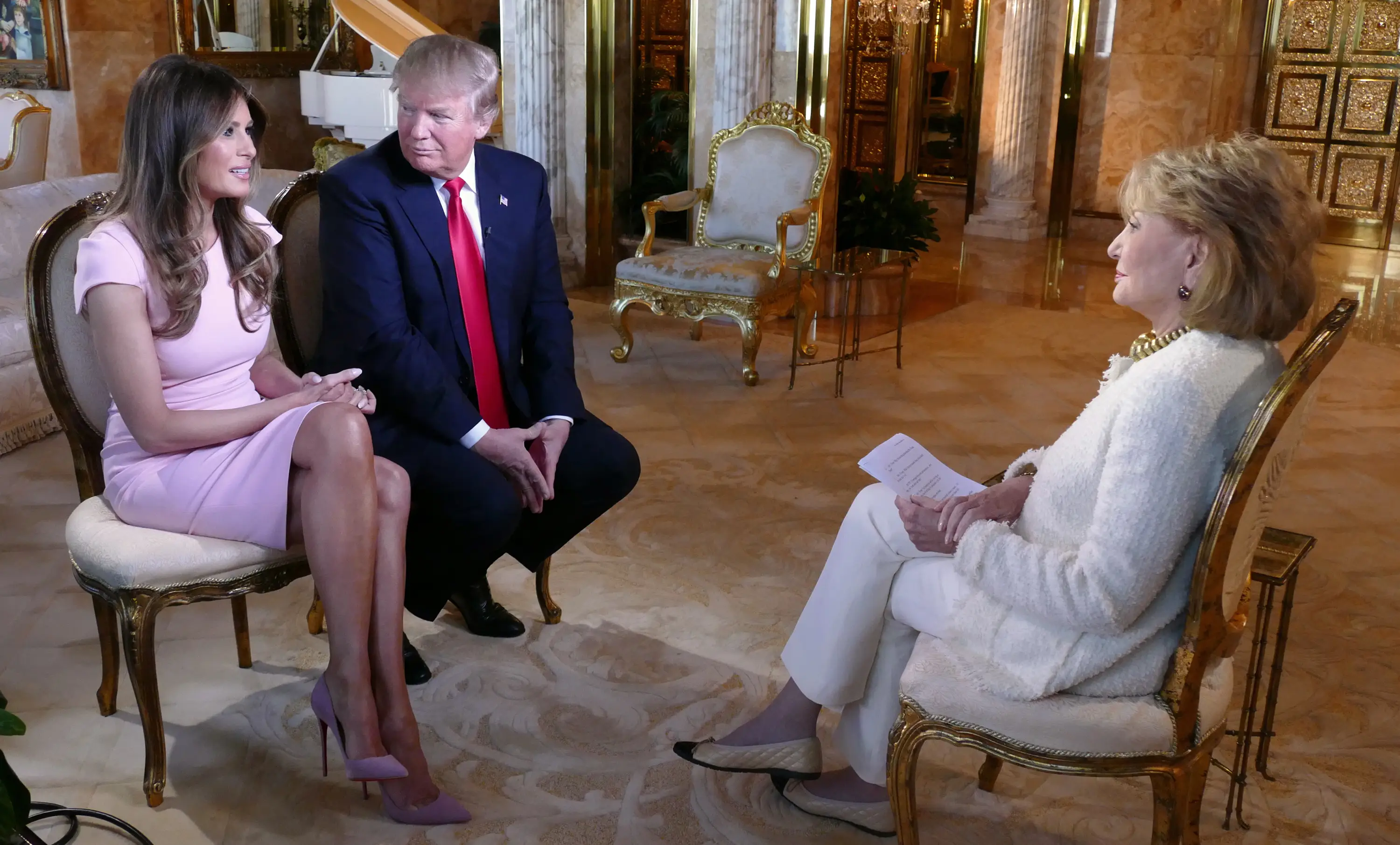 Melania and Donald Trump speak to Barbara Walters in their living room.