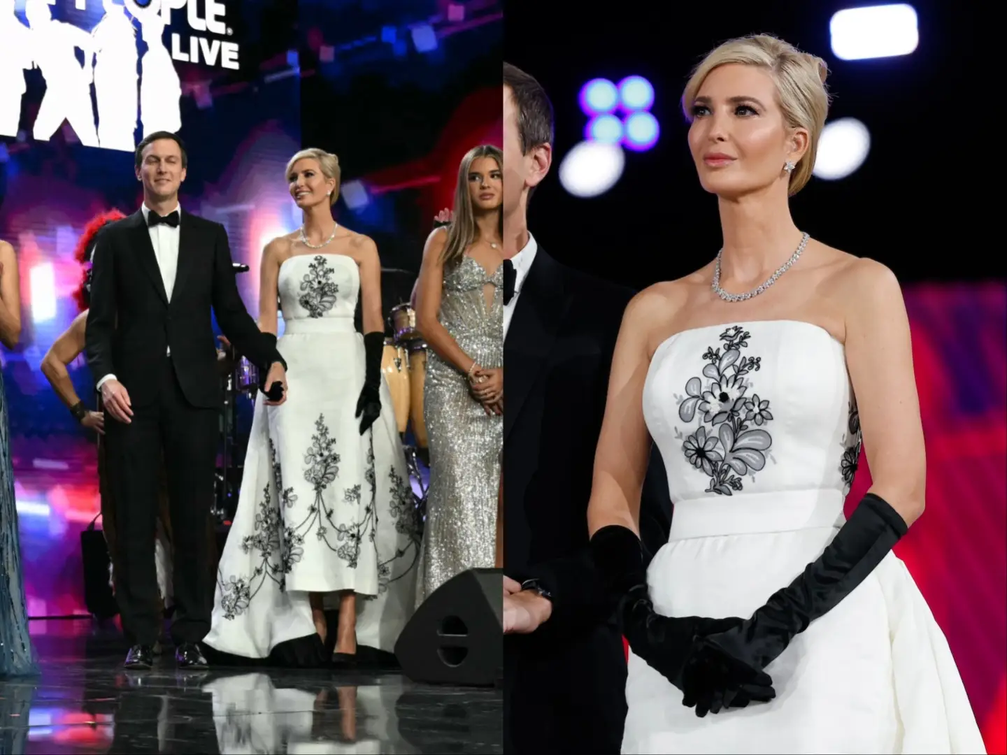 A composite image of Ivanka Trump and Jared Kushner holding hands onstage at a ball and a close-up of Ivanka Trump. She's wearing a white strapless dress with a black floral design on the bodice and long black gloves.