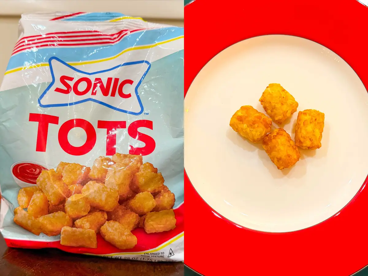 Composite photo of a gray and blue bag of Sonic tater tots and a red and white plate of four light-brown tater tots