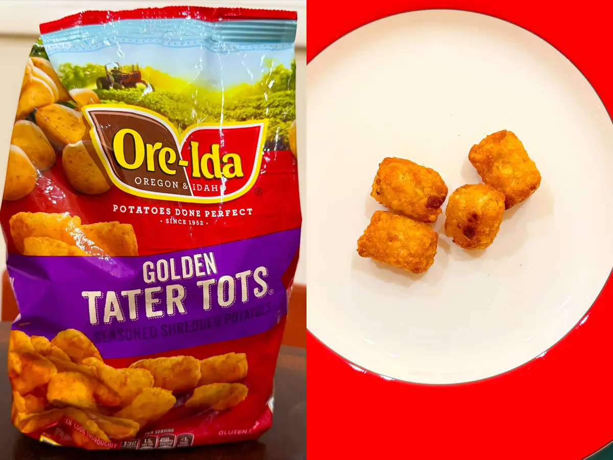 Composite image of a large red bag of Ore-Ida tater tots with a purple label and illustration of a farm field and a white and red plate with four golden-brown tater tots