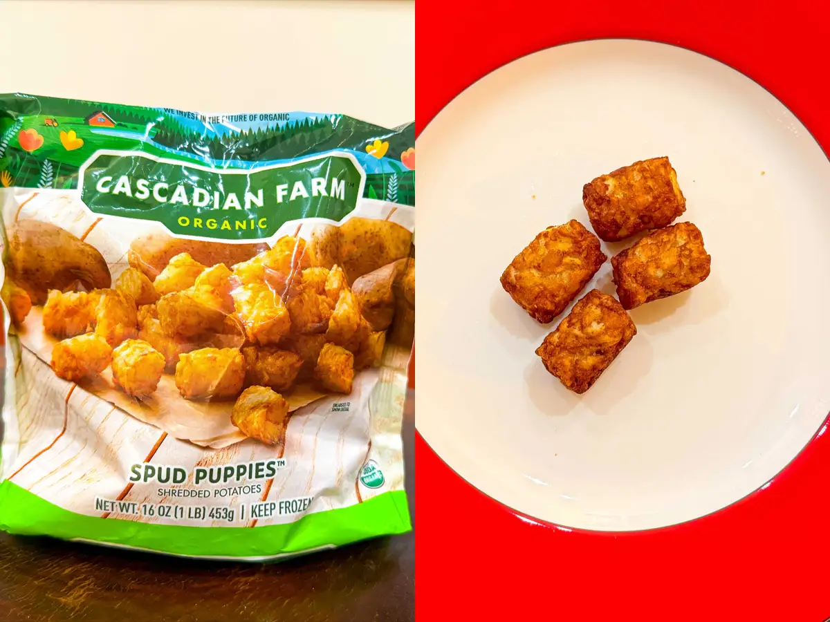 Composite image of a green bag with an image of potatoes and tater tots on a wooden table and a red and white plate with four brown tater tots on it