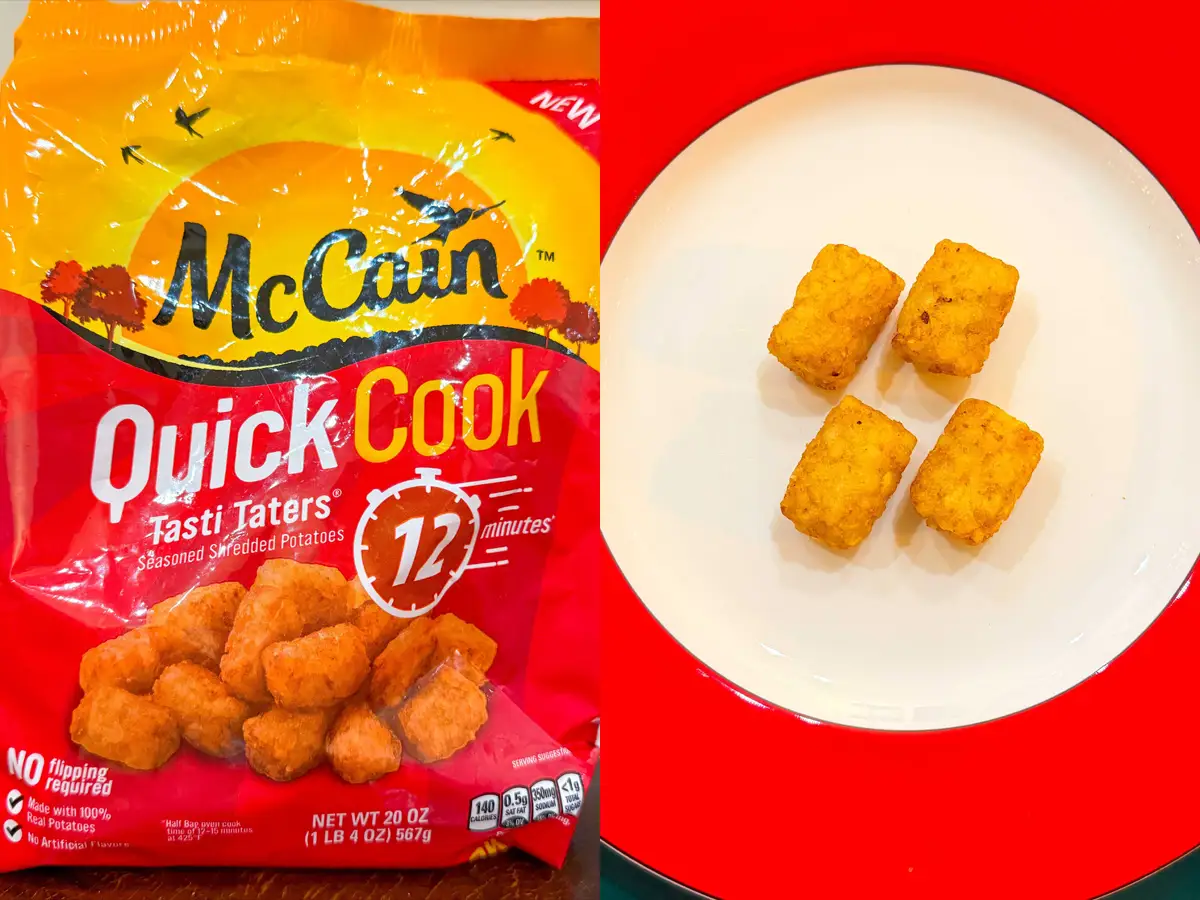 Composite image of a red and yellow bag of McCain tater tots with an image of tater tots on the front and four golden-brown tater tots arranged on a white and red plate
