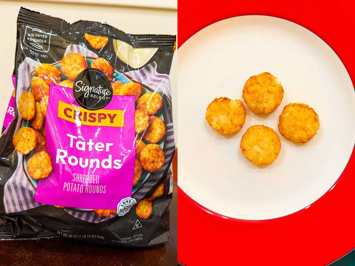 Composite image of a bag bag with an image of tater rounds on a plate and a purple label with white 