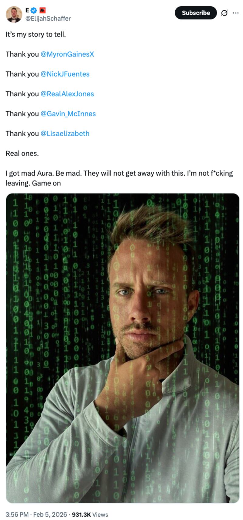 Schaffer thanked other right-wing personalities for their support, which included conspiracy theorist Alex Jones and white nationalist Nick Fuentes.