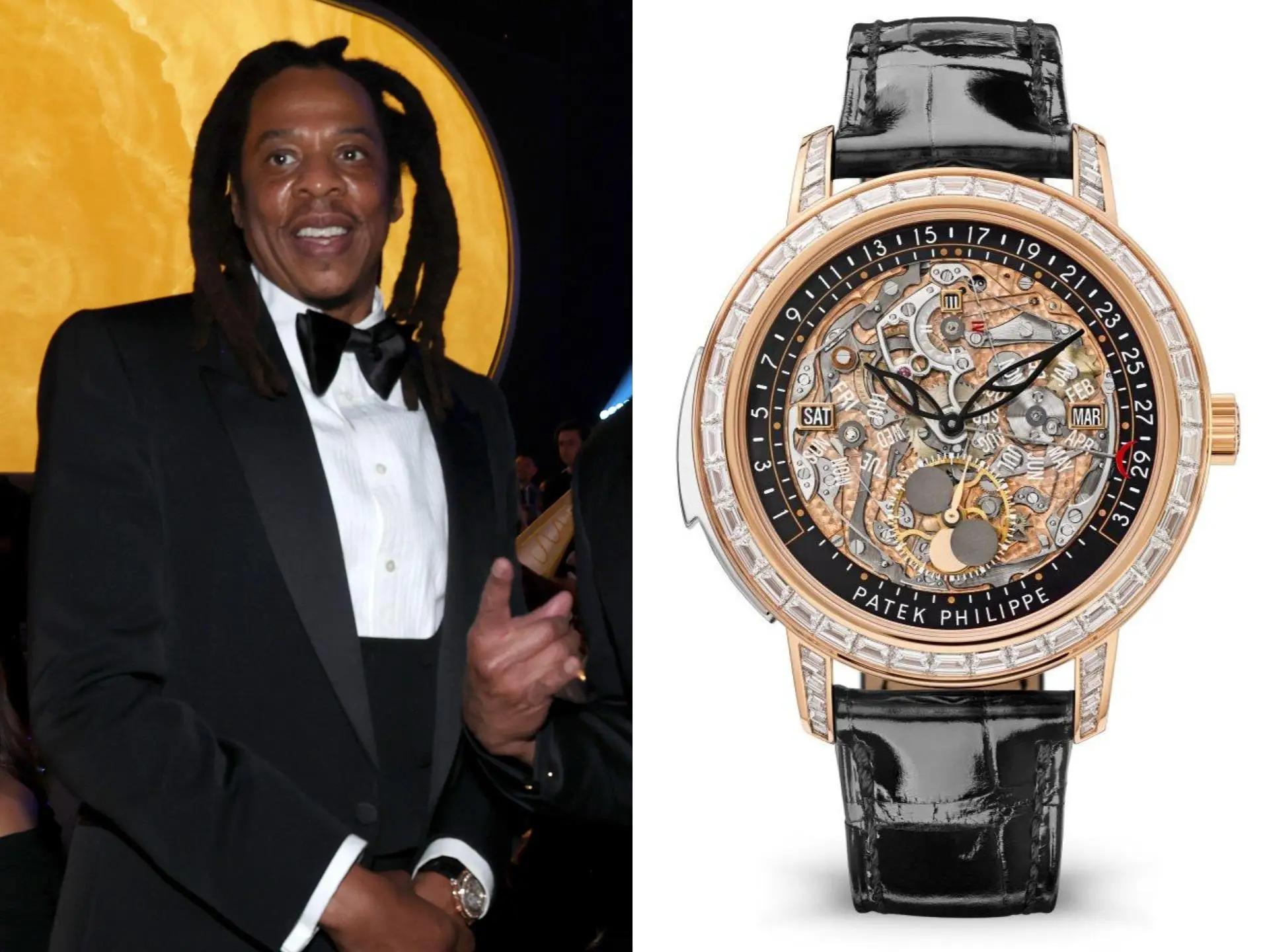A side-by-side of Jay-Z in a tux with a watch on his left wrist and a larger view of the watch on a white background