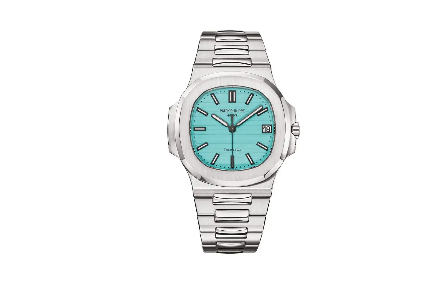 A silver Patek Philippe watch with a blue Tiffany watch face