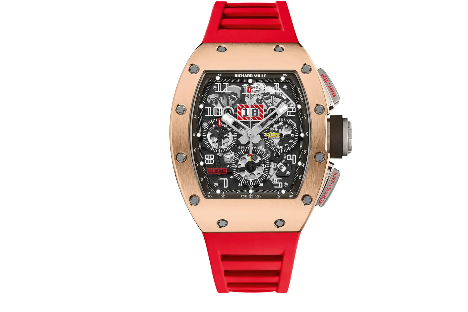 A Richard Mille rose gold watch with a red band on a white background