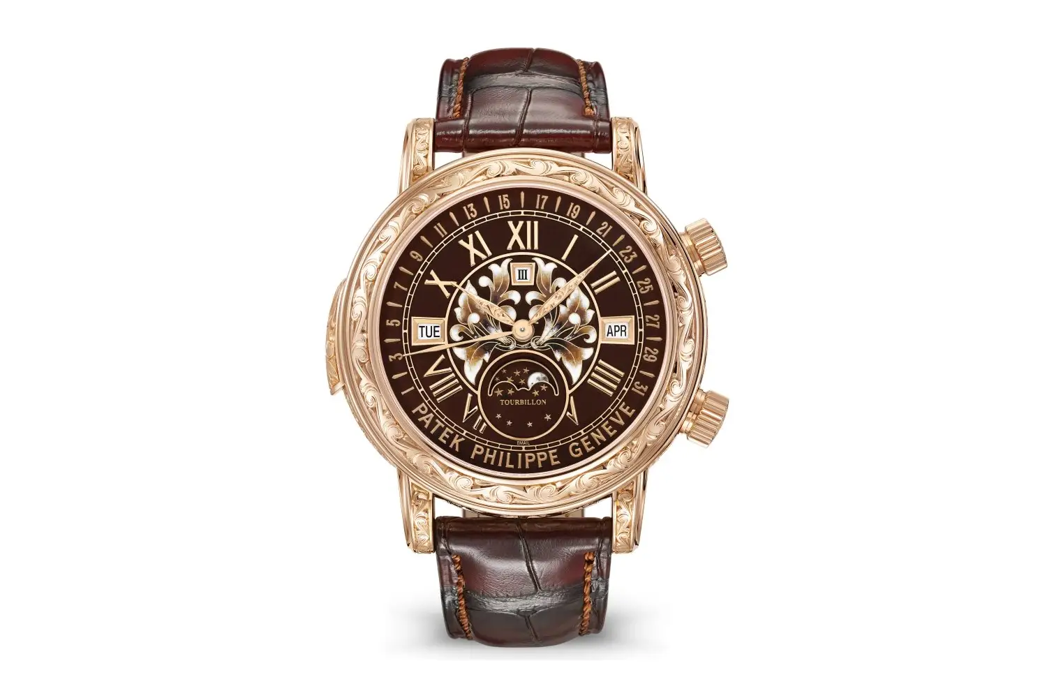 A Patek Philippe Sky Moon Tourbillon 6002R with a gold case and brown strap on a white background