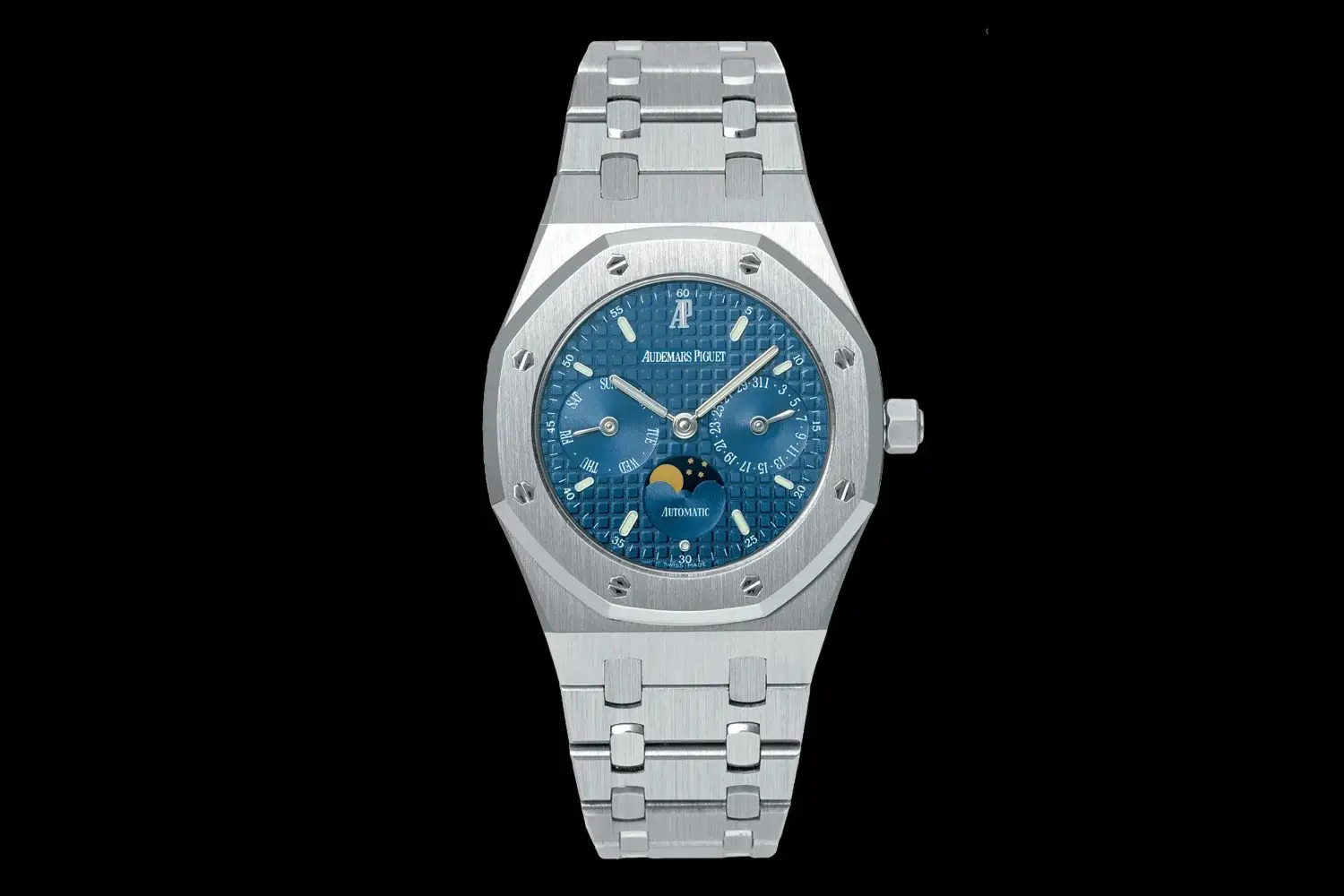 A silver Audemars Piguet Royal Oak 25594ST watch with a blue face on a black background