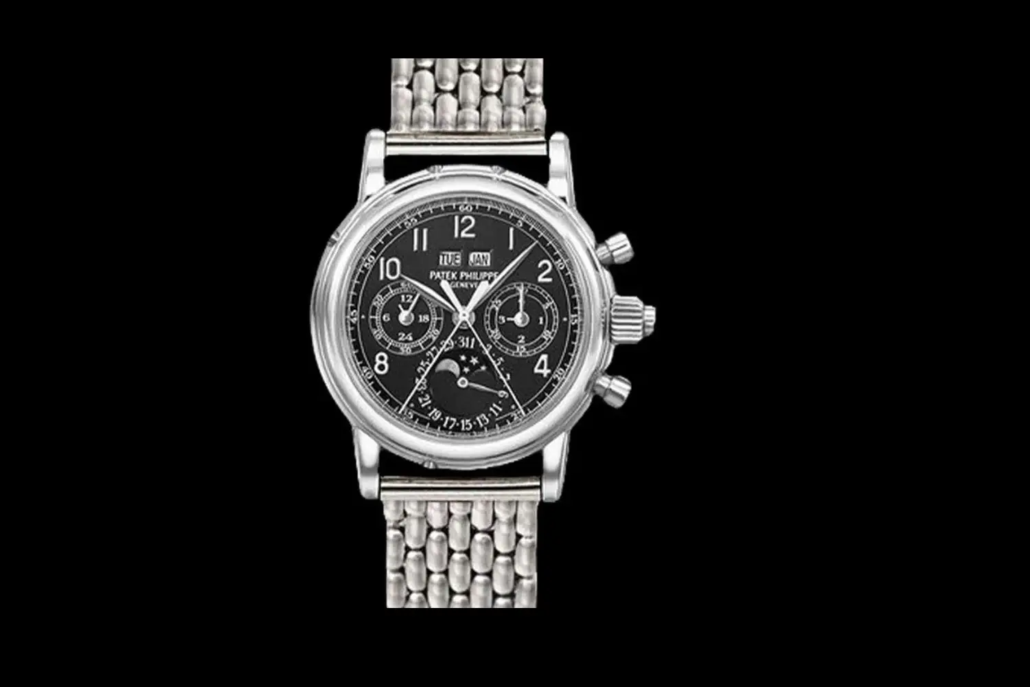 A silver Patek Philippe 5004P watch with a black face
