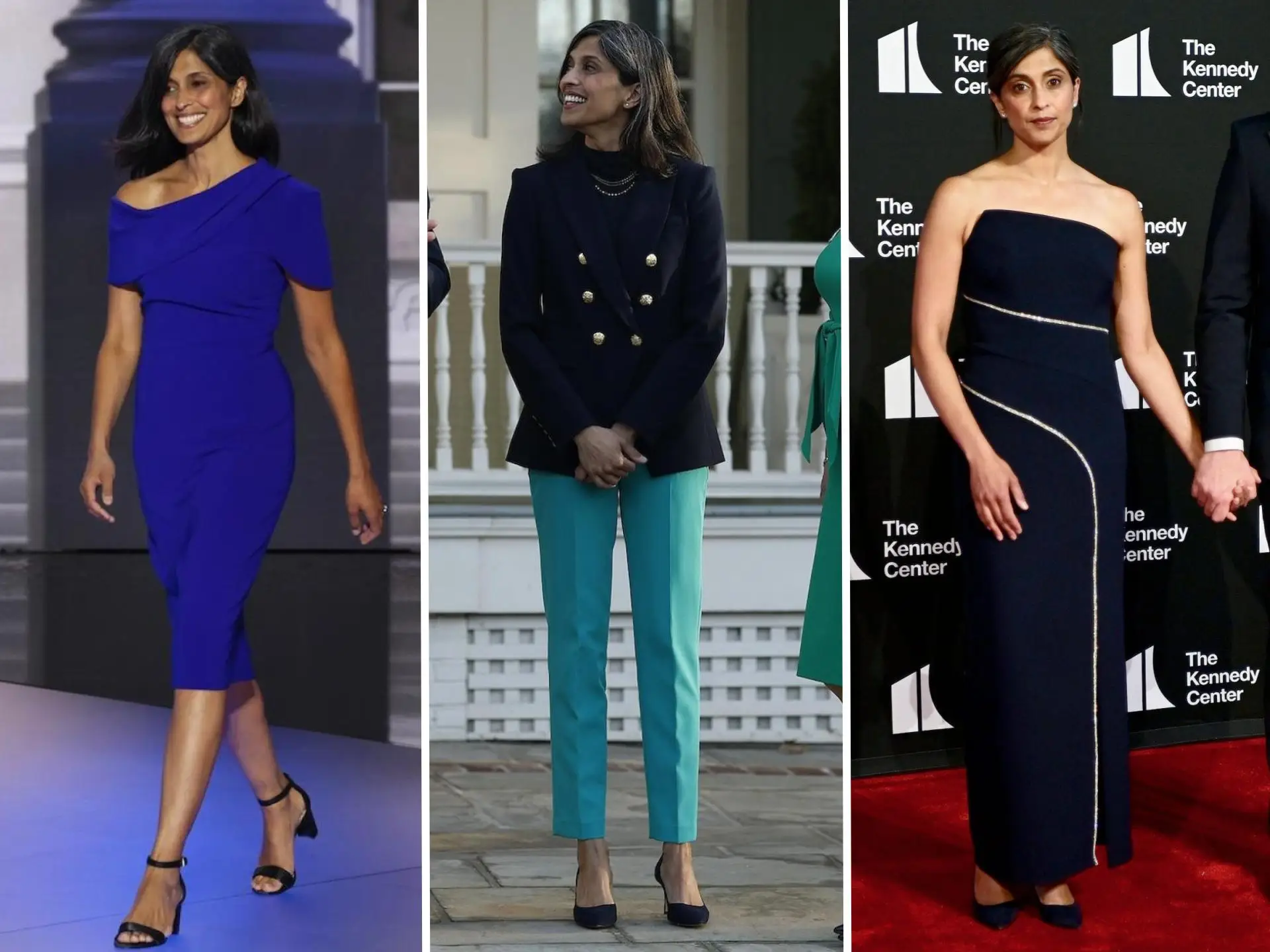 Three photos of Usha Vance in different outfits.