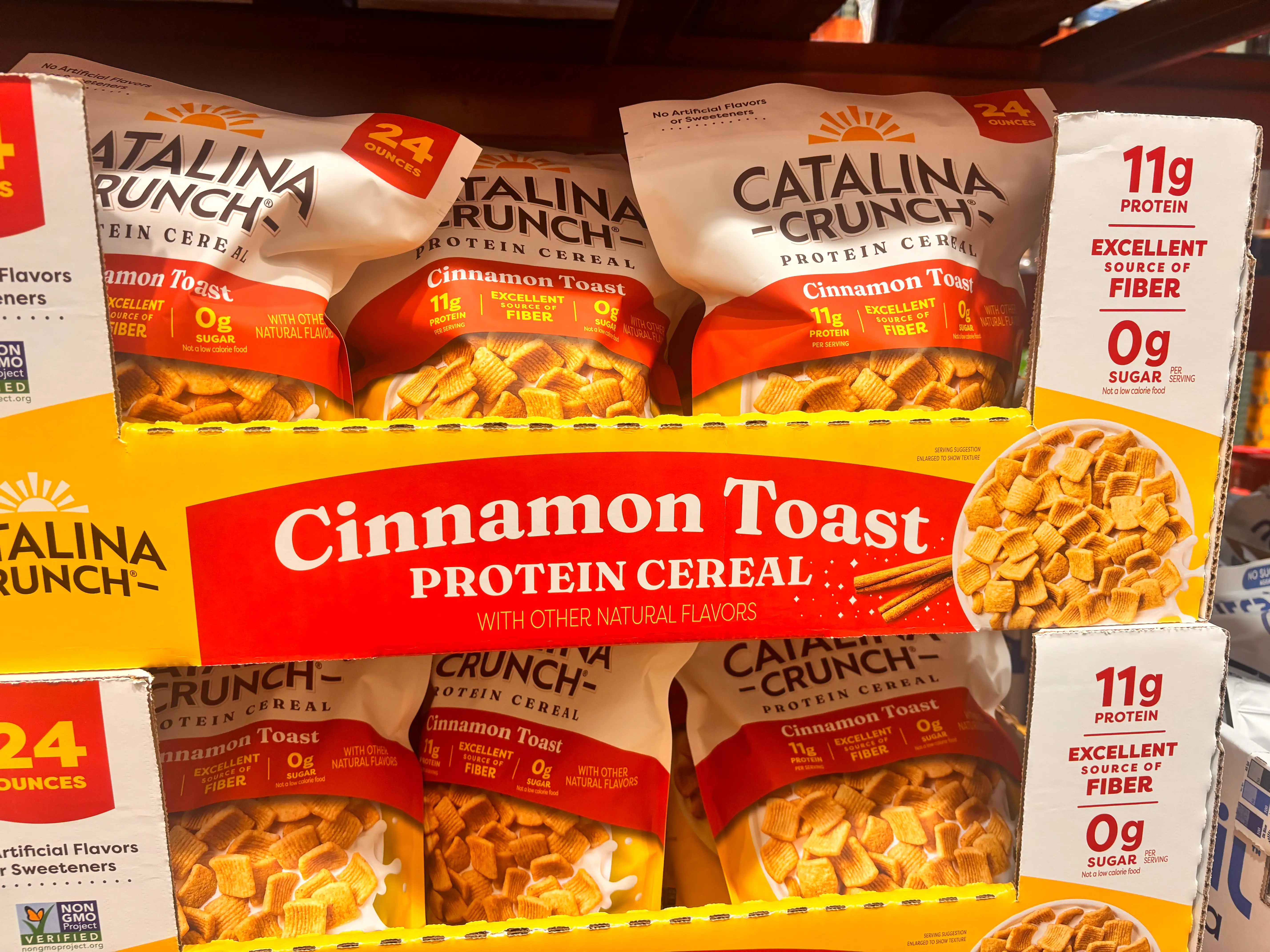 Catalina Crunch cinnamon-toast protein cereal bags in box at Costco