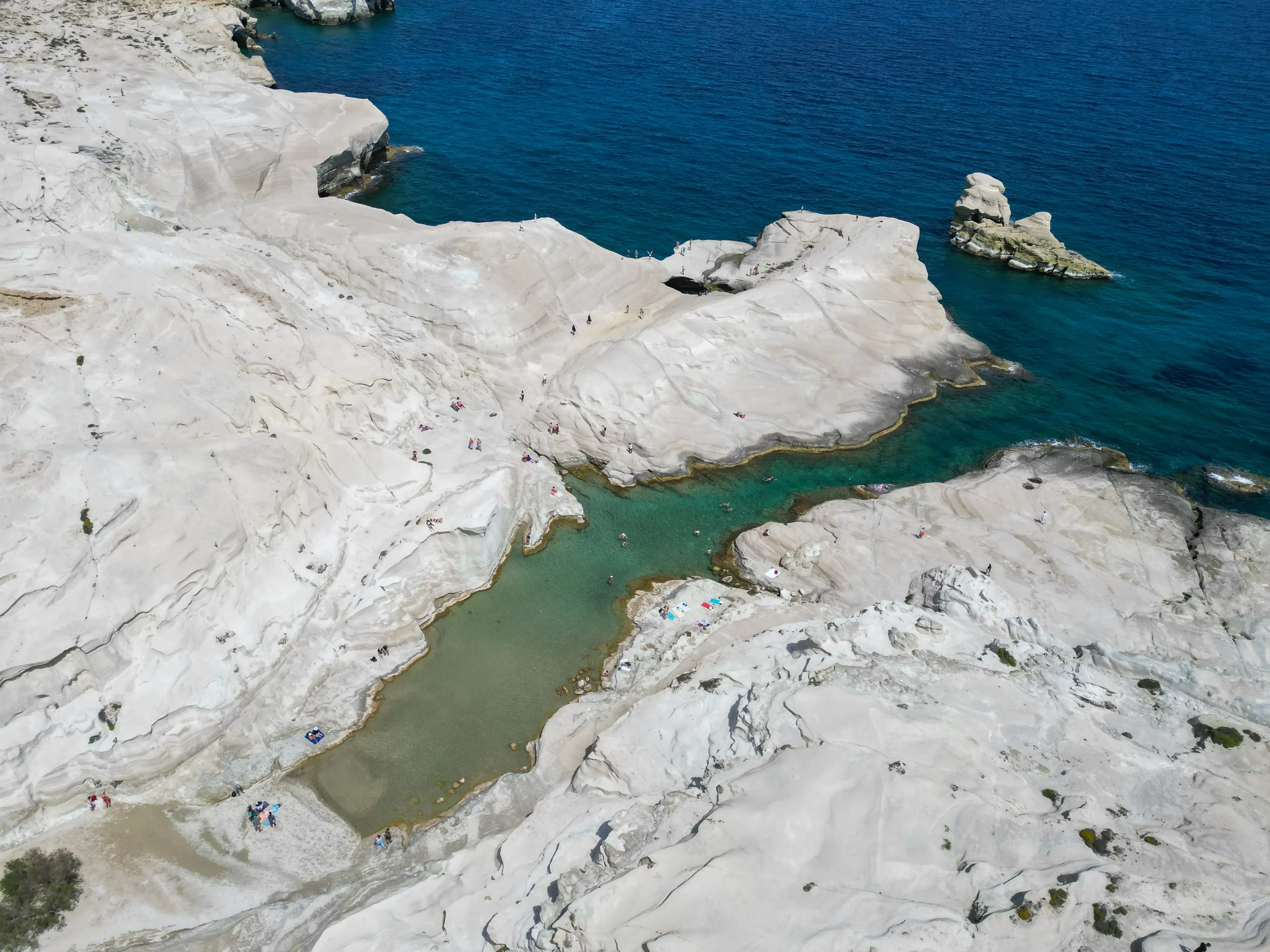 An overhead view of Sarakiniko Beach in Milos.