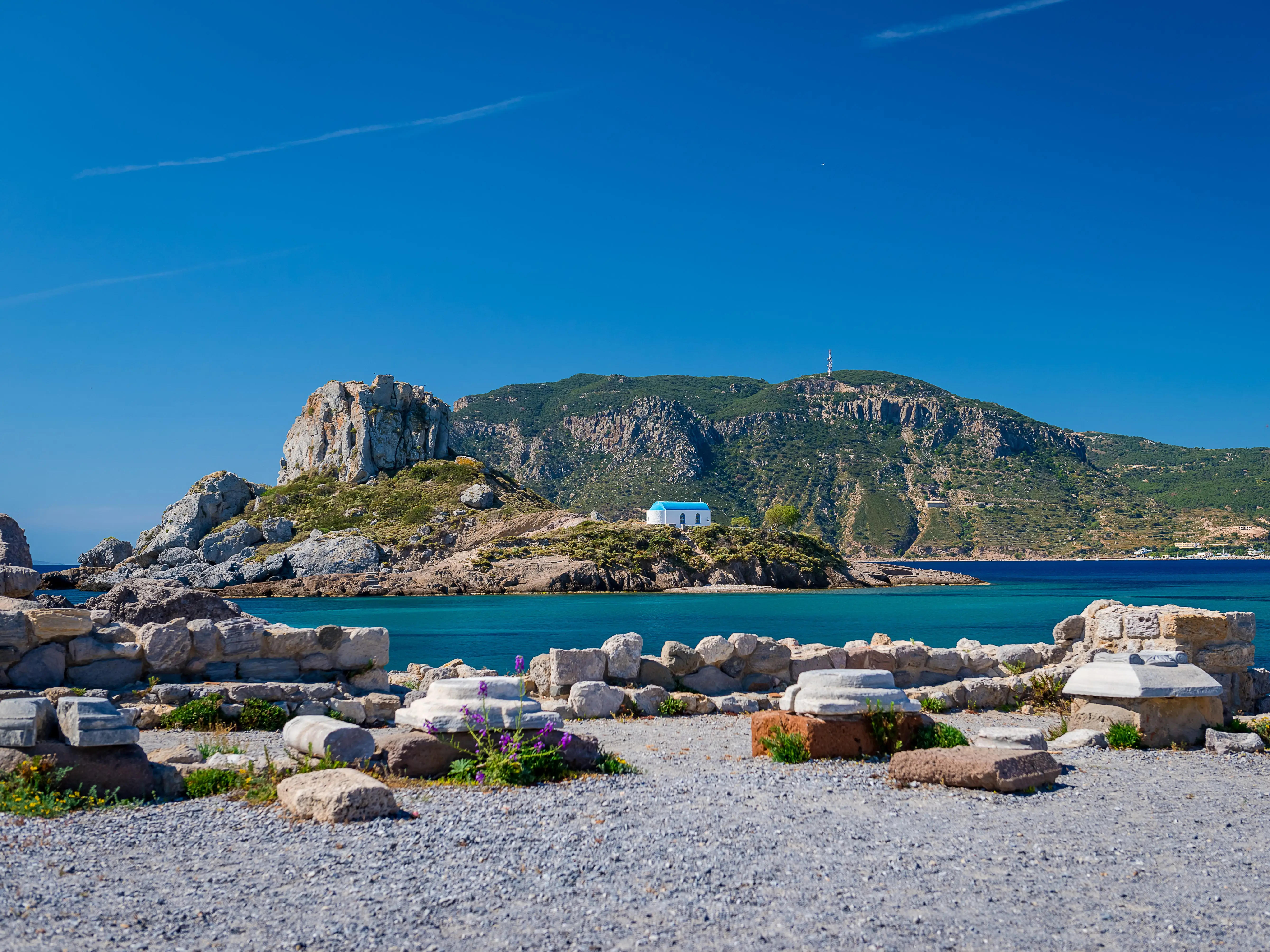 Ruins and boulders on the coast of Kos island.