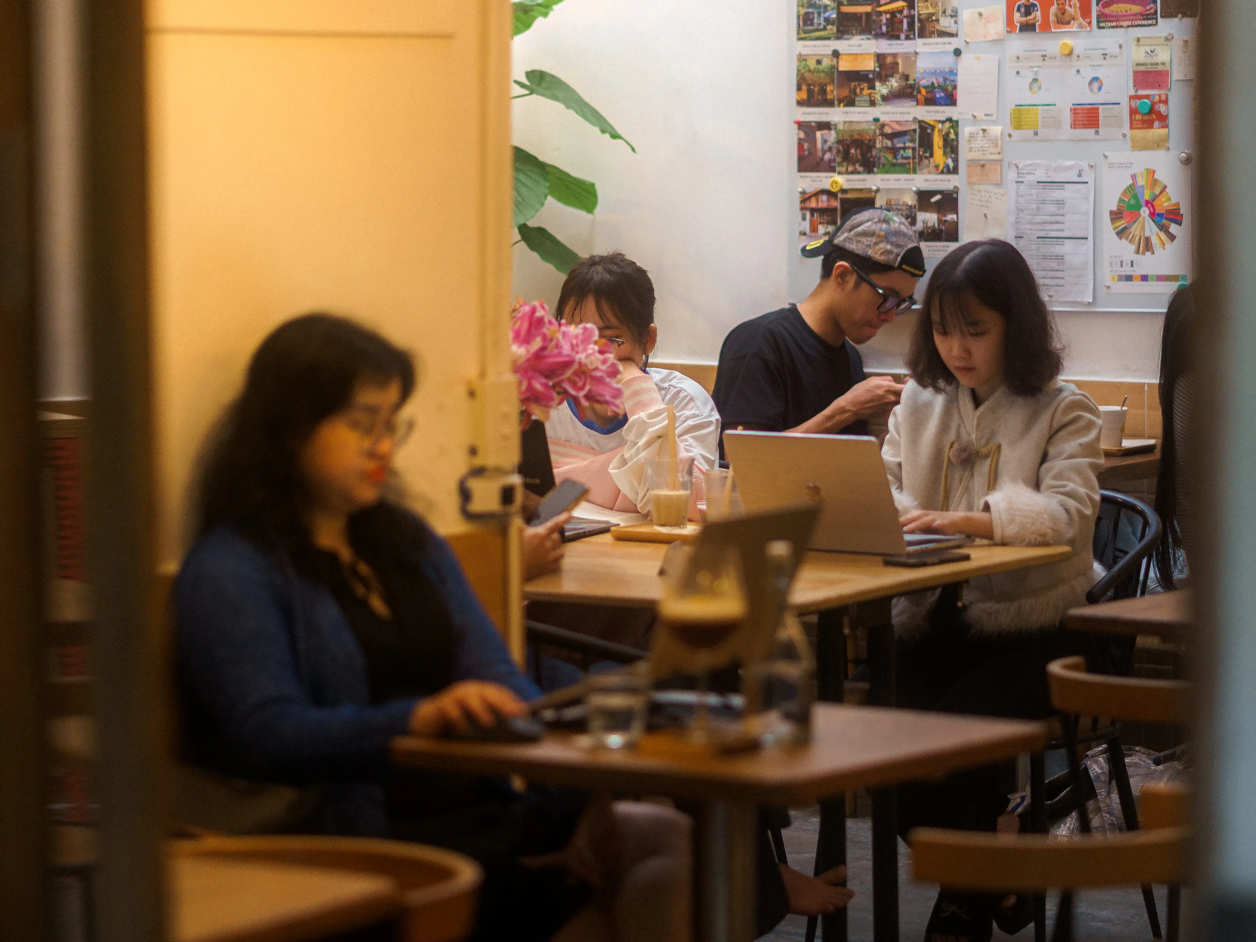 Young people working on their computers in a coffee shop.
