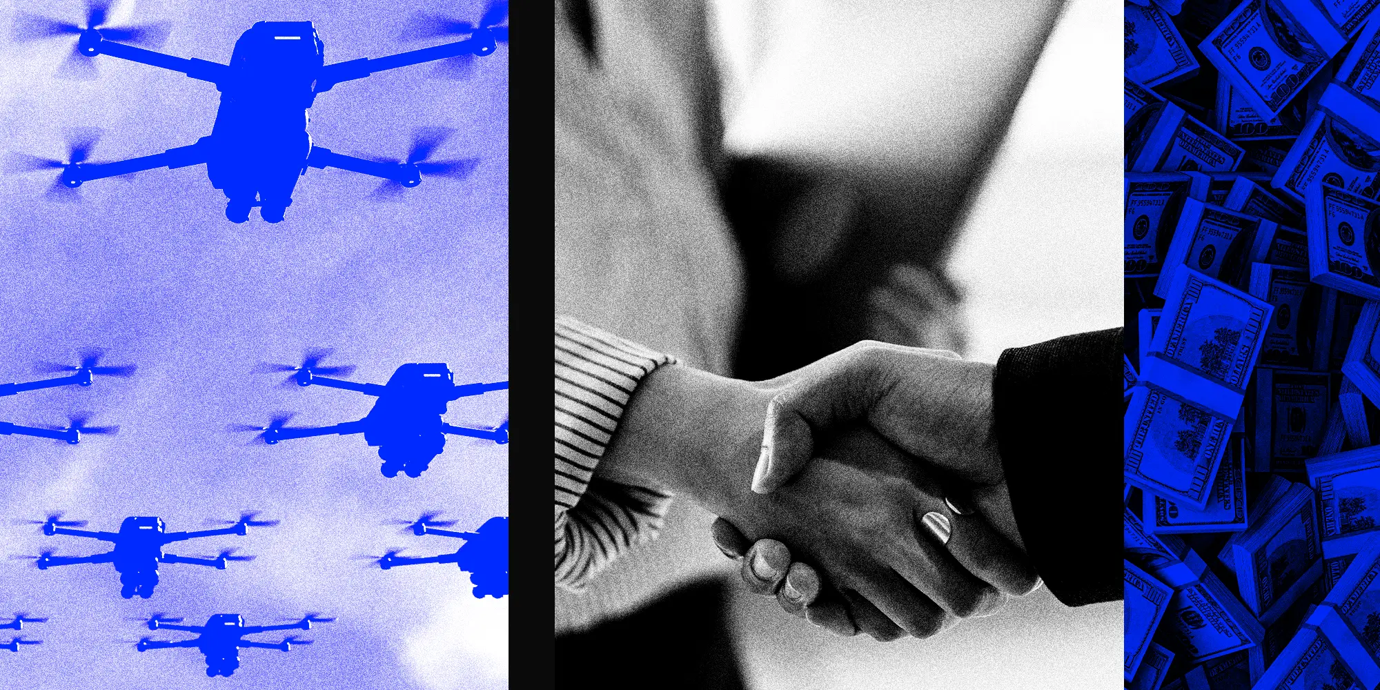 Photo collage featuring drones, money, and a business deal