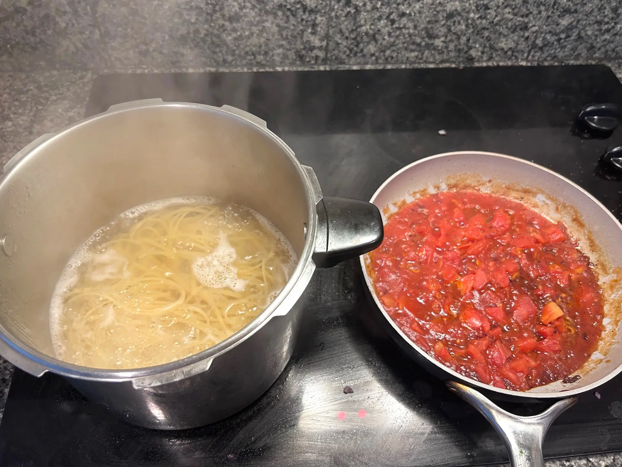 Cooking pasta and sauce for Gordon Ramsay's Bloody Mary Pasta
