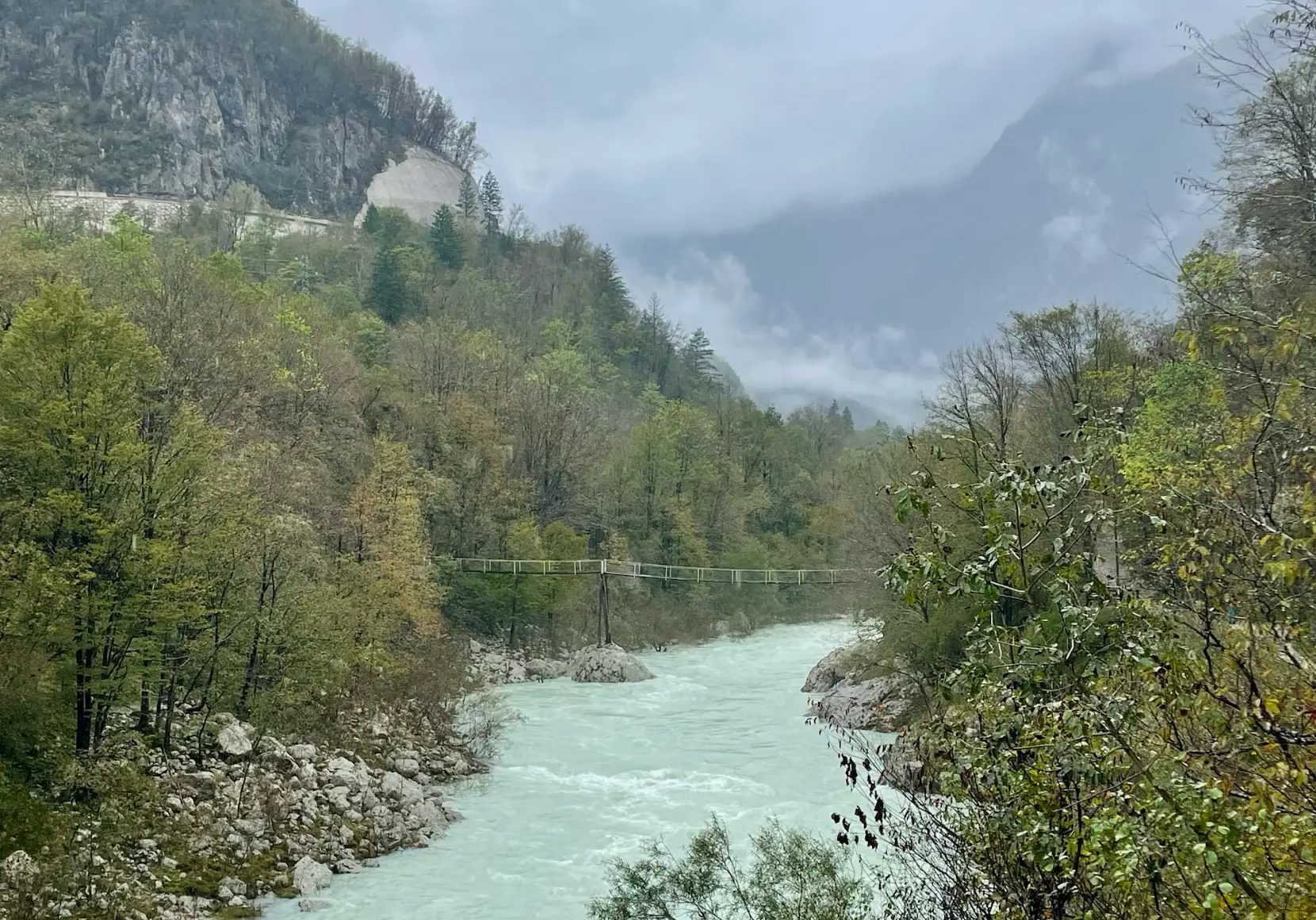 Icy blue water, mist, and trees in Slovenia.
