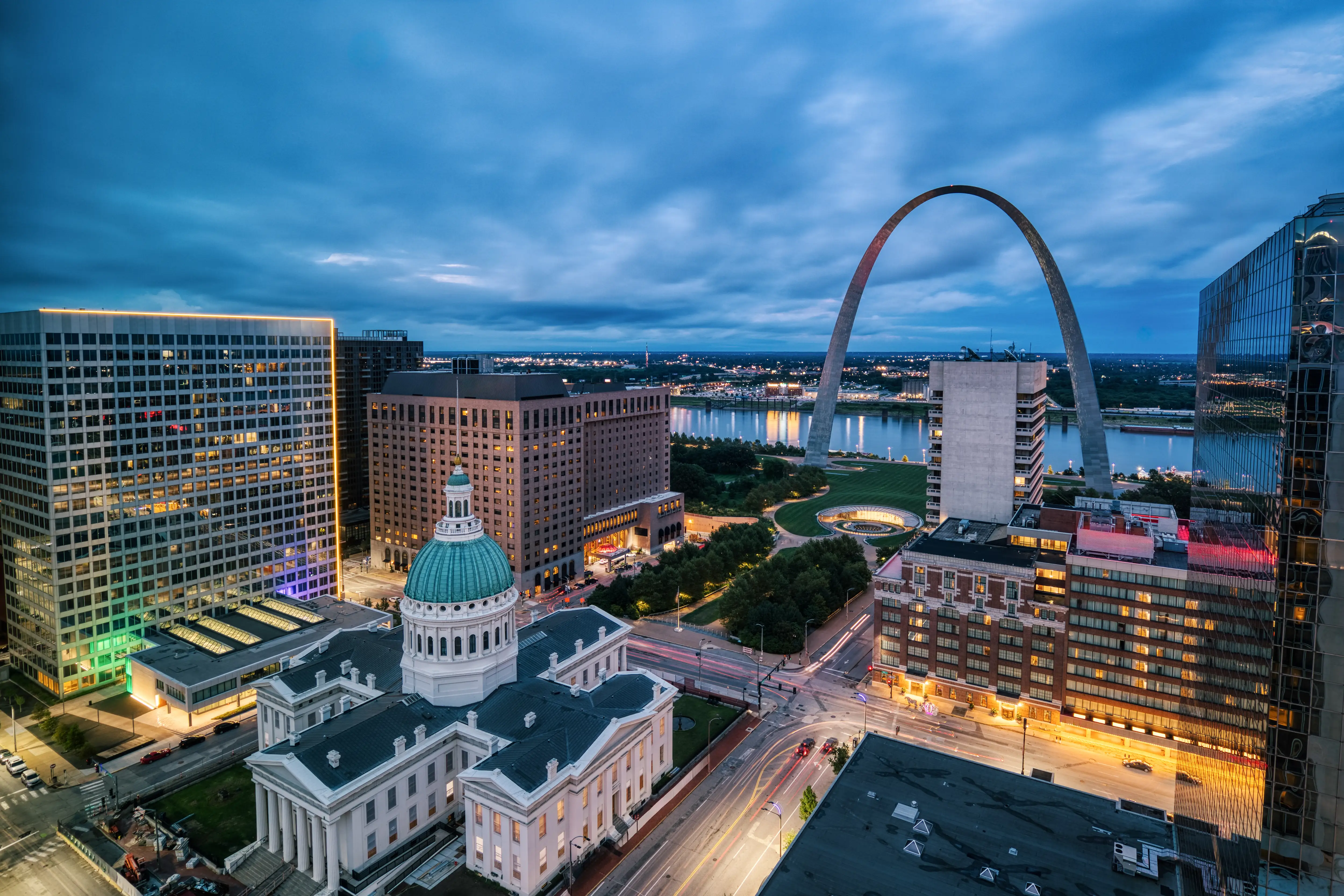 St. Louis Aerial Downtown View at dusk, Missouri.