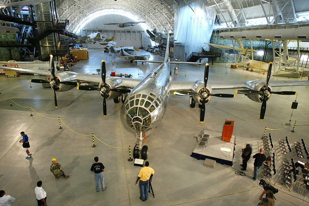 The Enola Gay Superfortress bomber at the Smithsonian Air and Space Museum's Udvar-Hazy Center ahead of its opening in 2003.