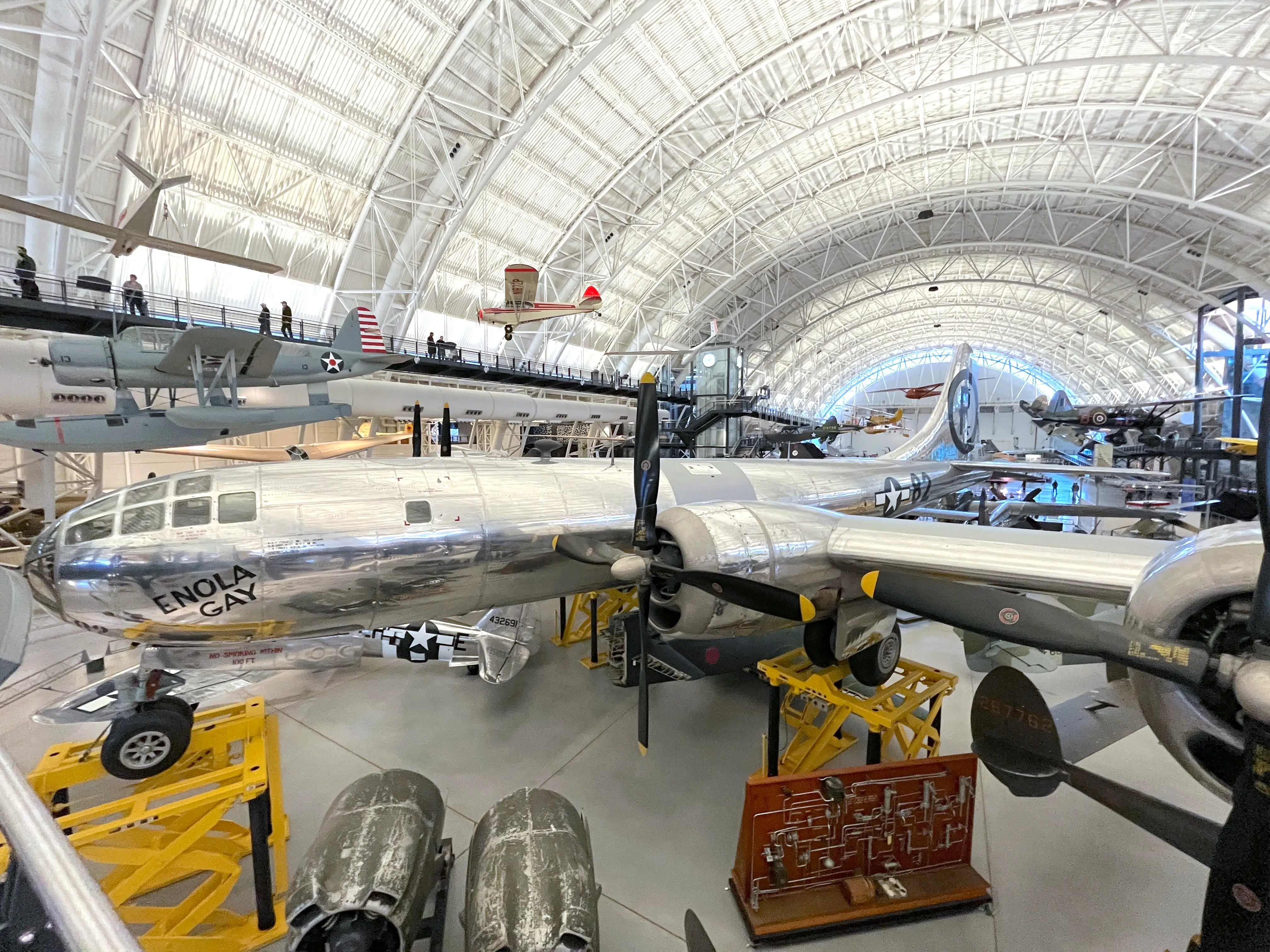 The Enola Gay viewed from an elevated platform at the National Air and Space Museum's Steven F. Udvar-Hazy Center.