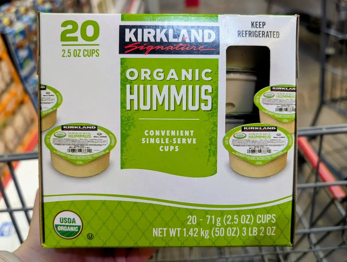 Kirkland Signature organic hummus cups in box at Costco