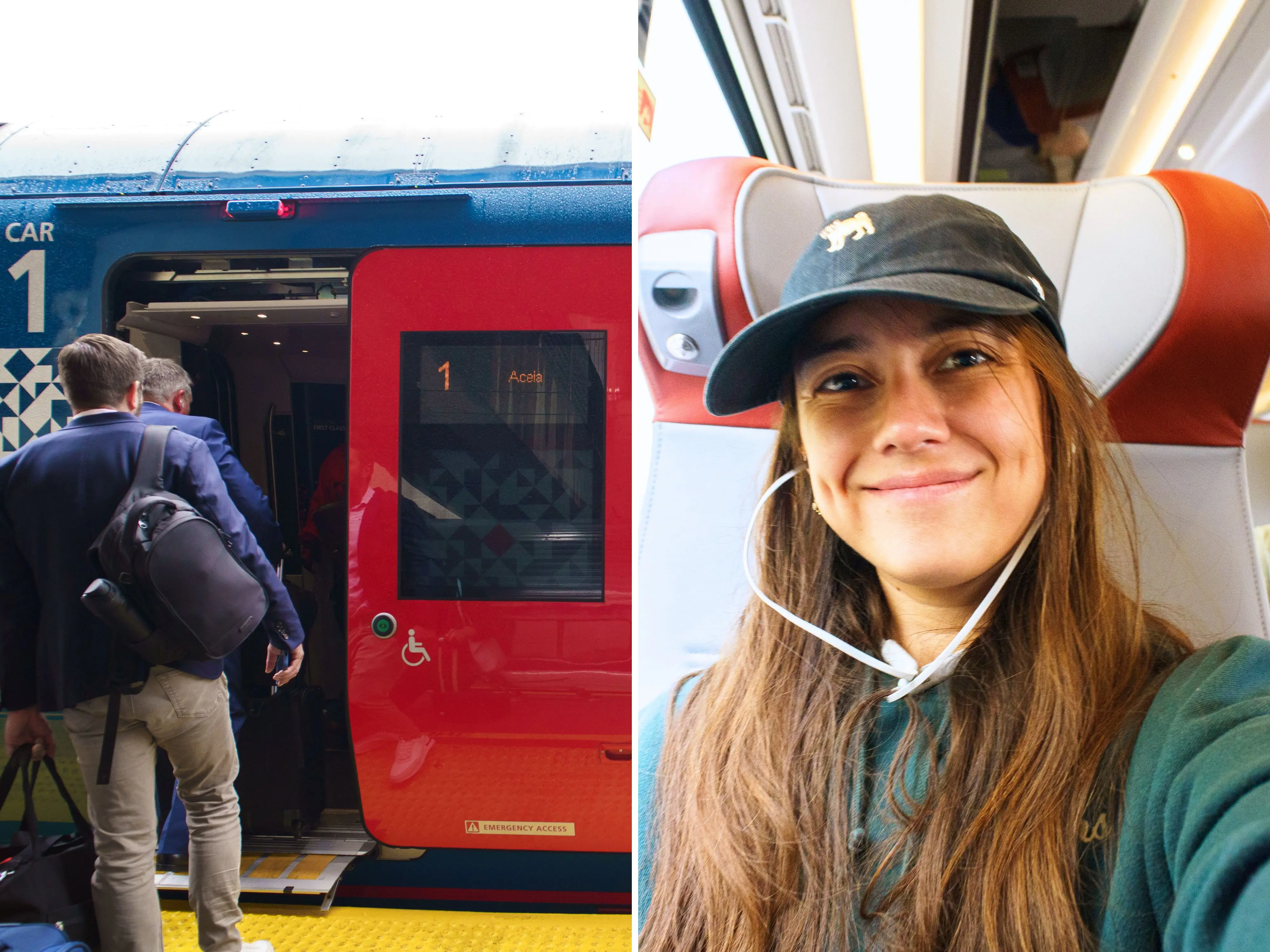 A composite image of passengers boarding a blue train car with a red sliding door and the author sitting in a first-class seat on the Amtrak NextGen Acela