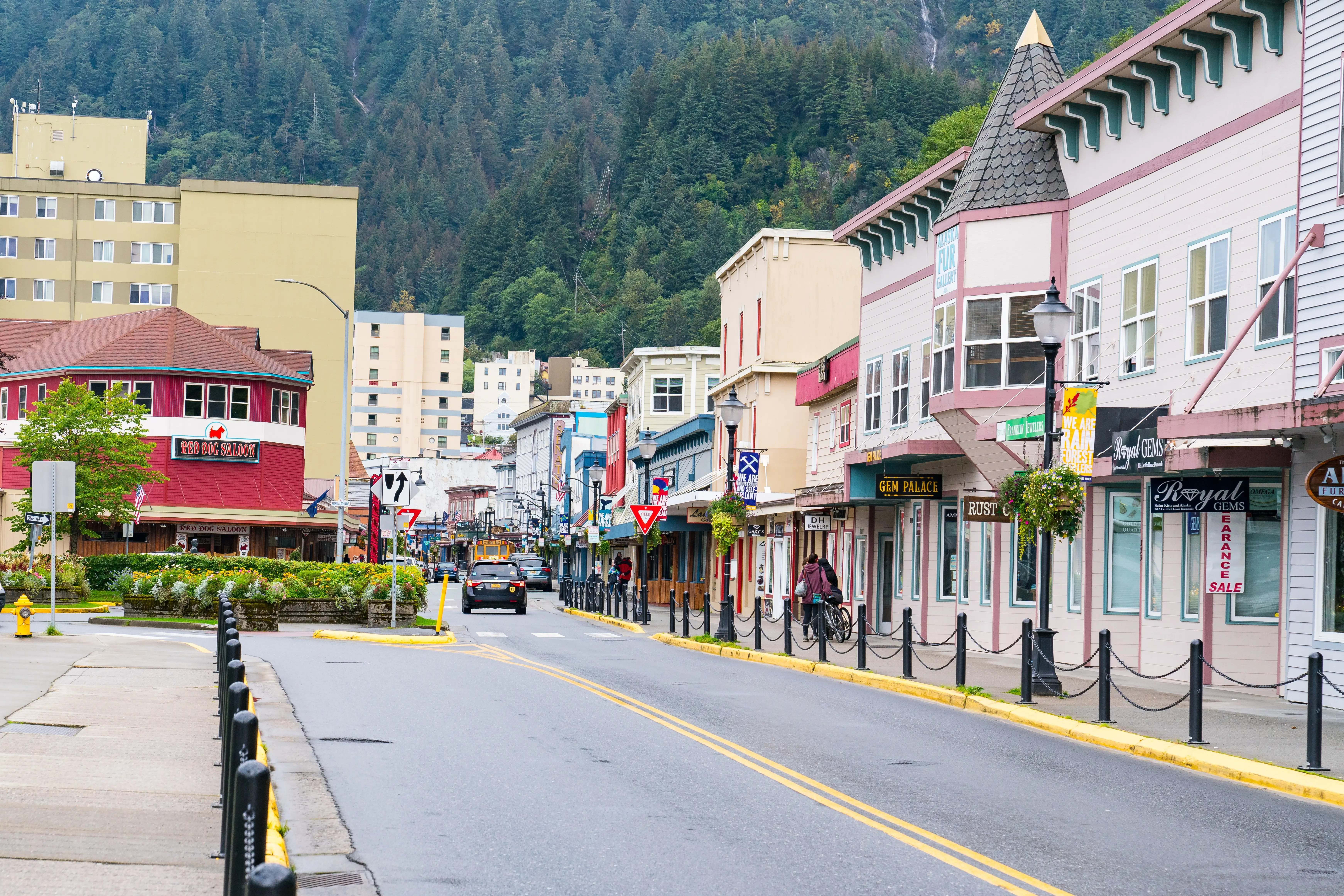 Stores and restaurants in downtown Juneau, Alaska.