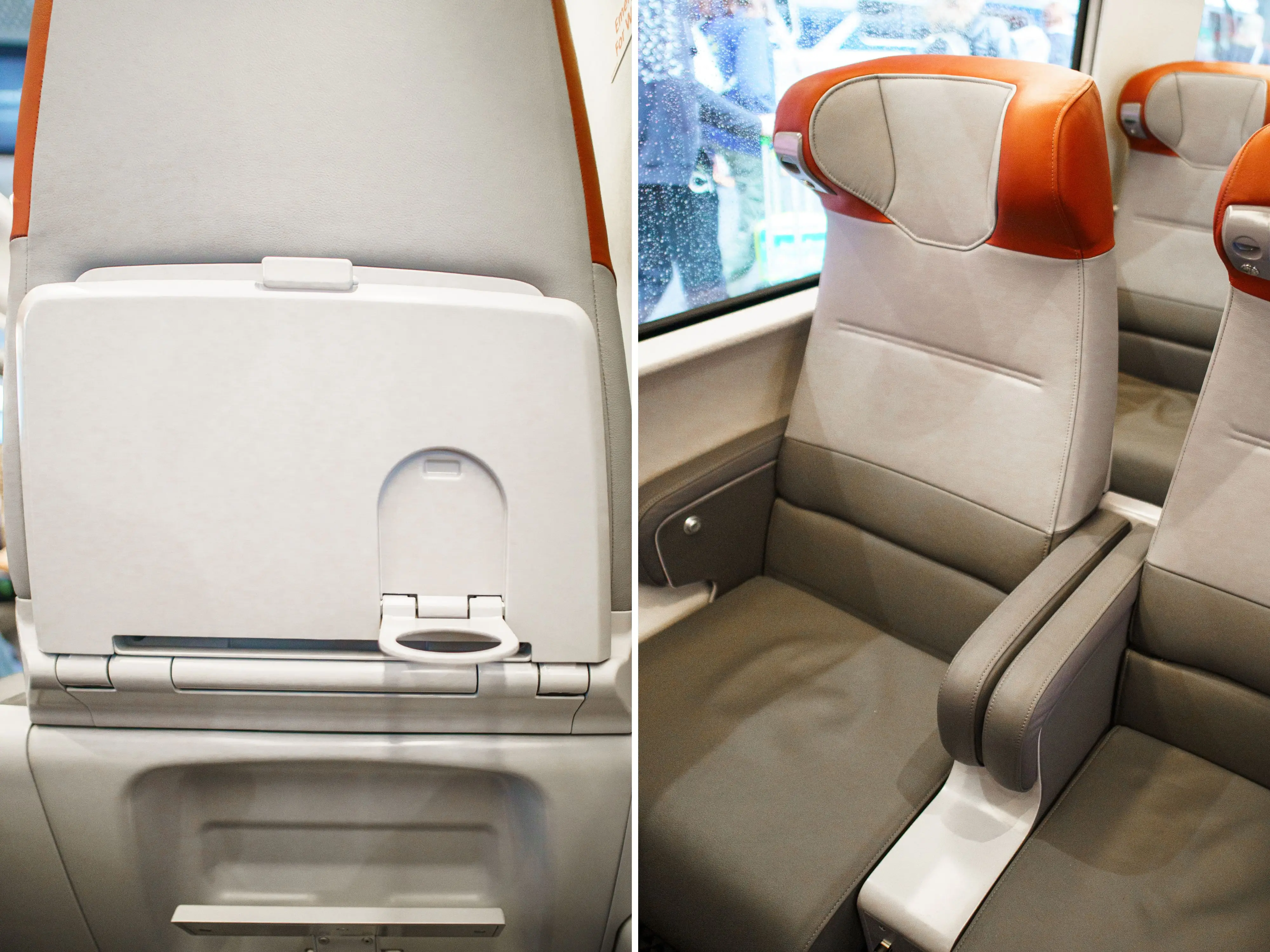 A composite image of the back and the front of a gray first-class Amtrak NextGen Acela seat with a red headrest