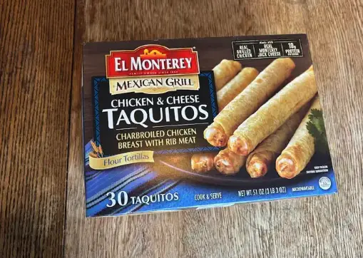 El Monterey taquitos box from Costco on wood table