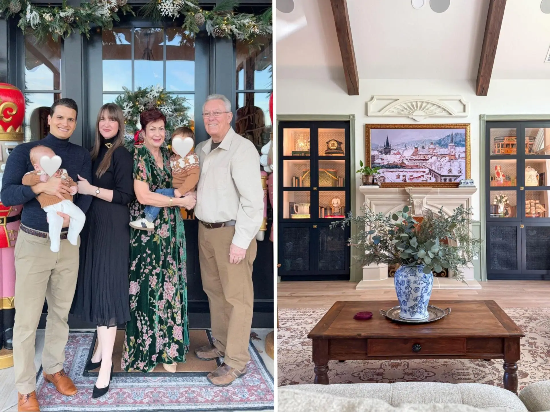 A side-by-side of a family of six in front of a doorway and a living room with built-in bookshelves.