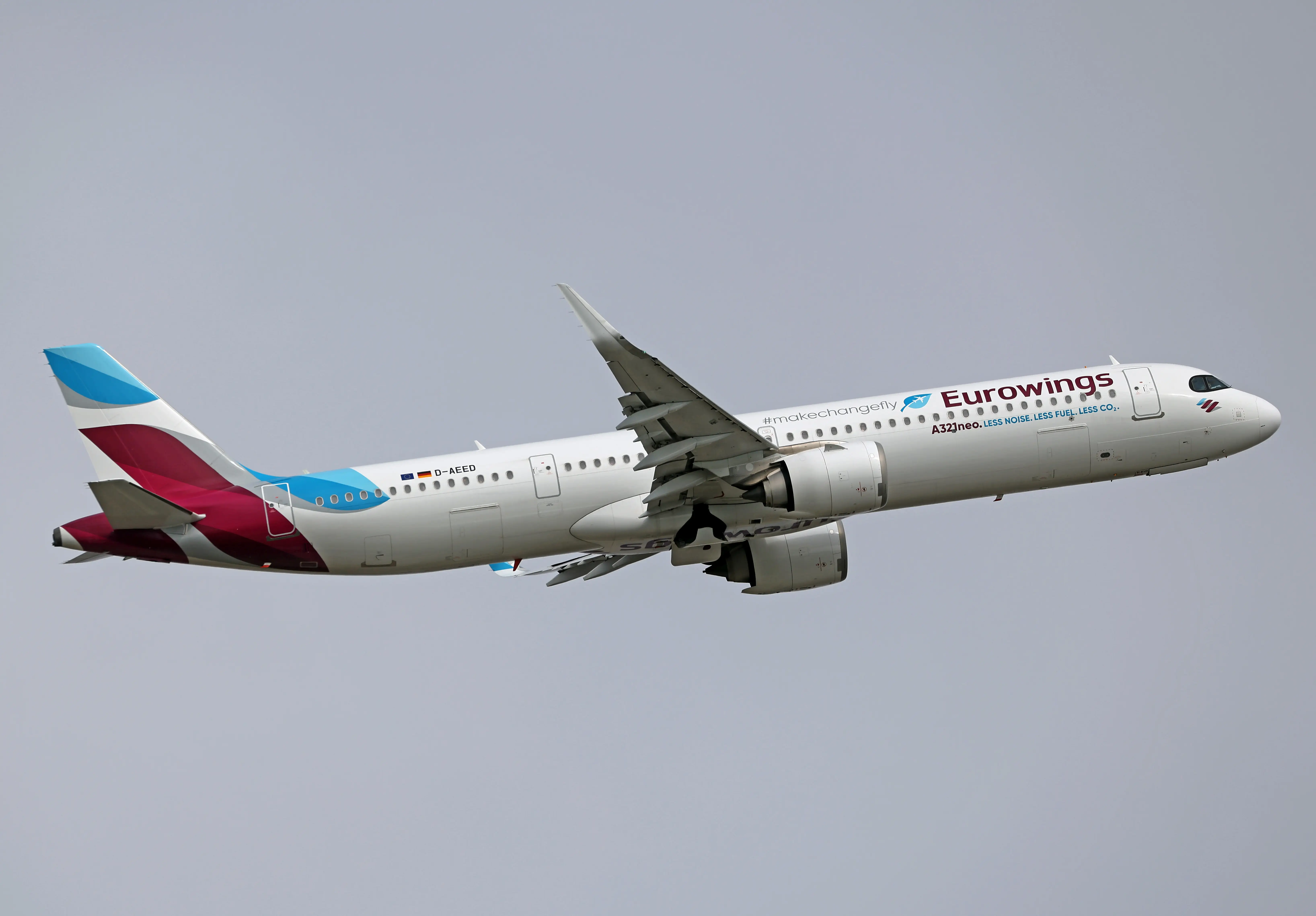 An Airbus A321-251NX from Eurowings takes off from Barcelona airport in Barcelona, Spain, on March 18, 2025.