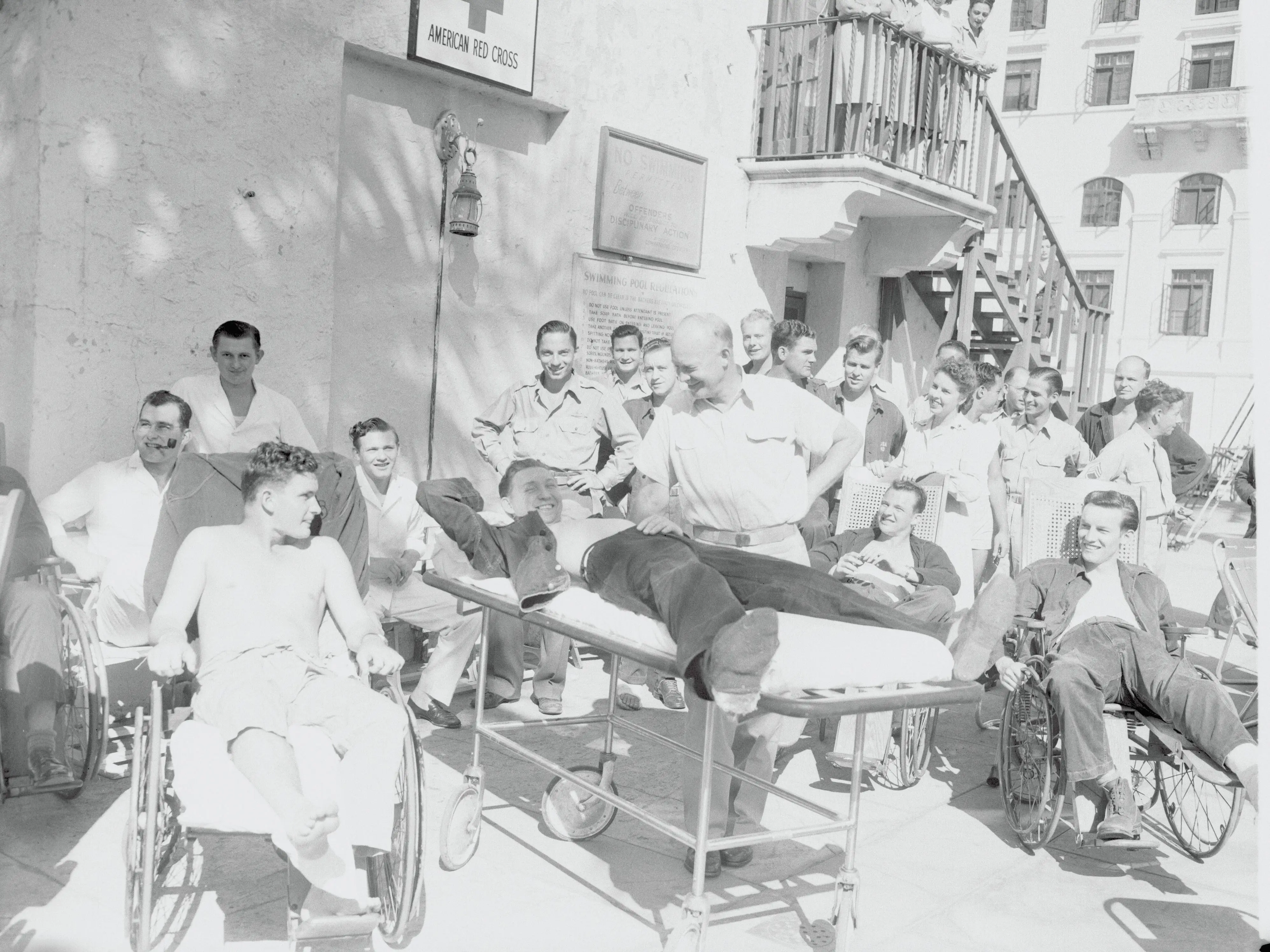 General Dwight D. Eisenhower talking to patients at Biltmore Miami Hote, renamed Pratt General Hospital during the war, Coral Gables, Florida.