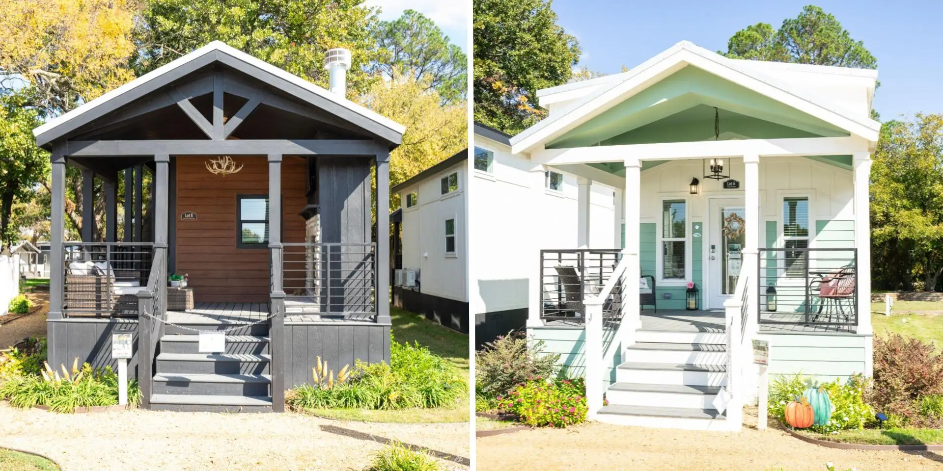Side-by-side pictures of two tiny homes.