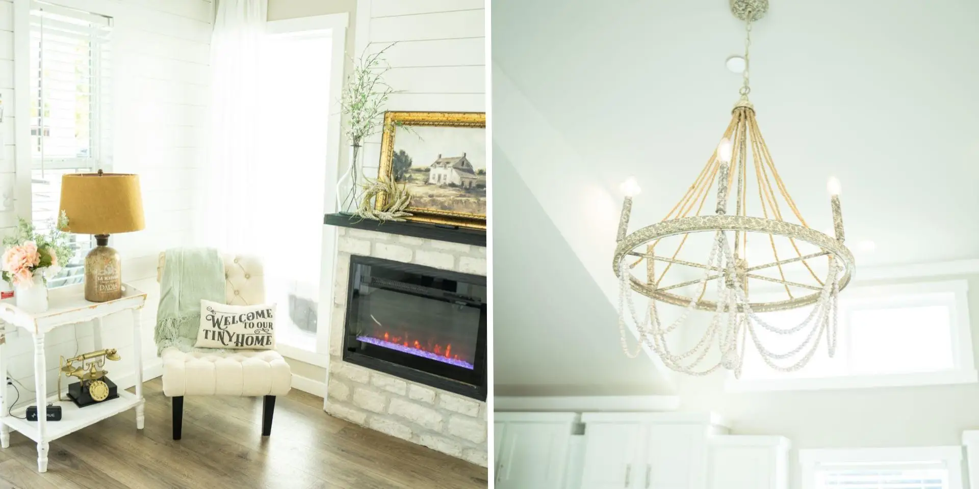 Side-by-side images of a living room and a chandelier.