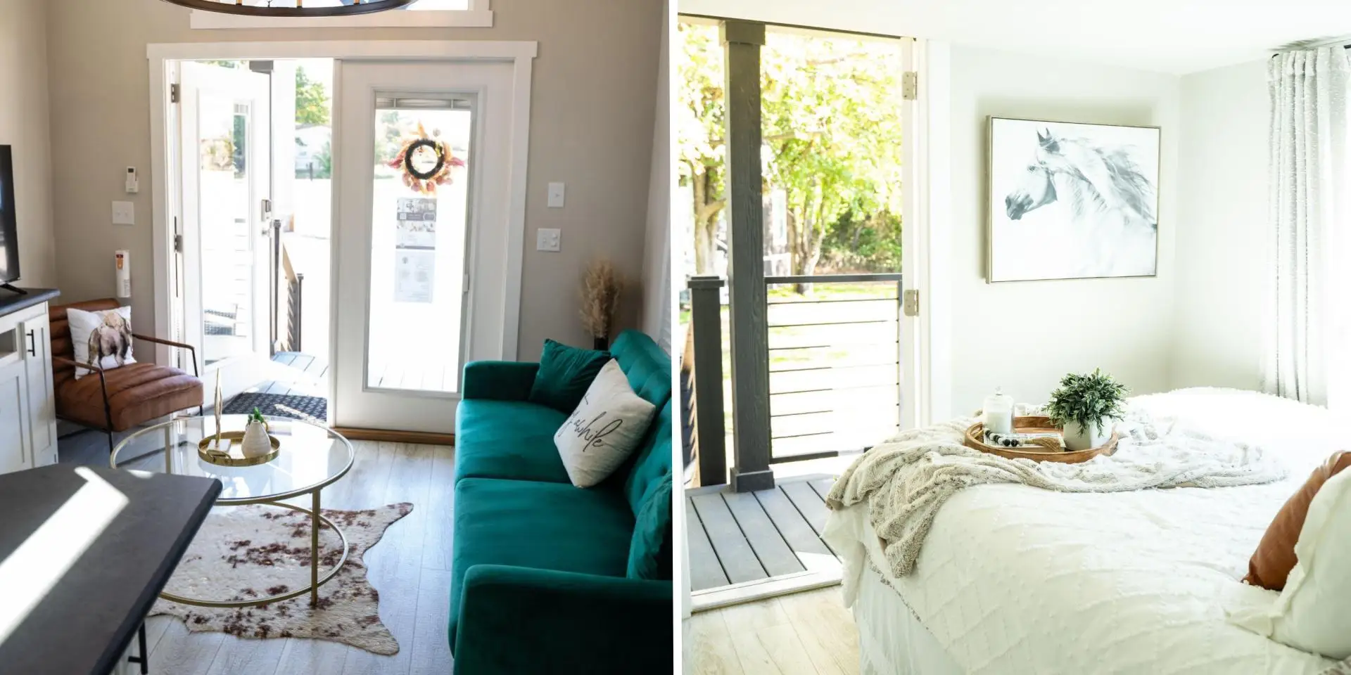 Side-by-side images of a living room in one of Liberty's tiny-home models and a separate bedroom in another model.