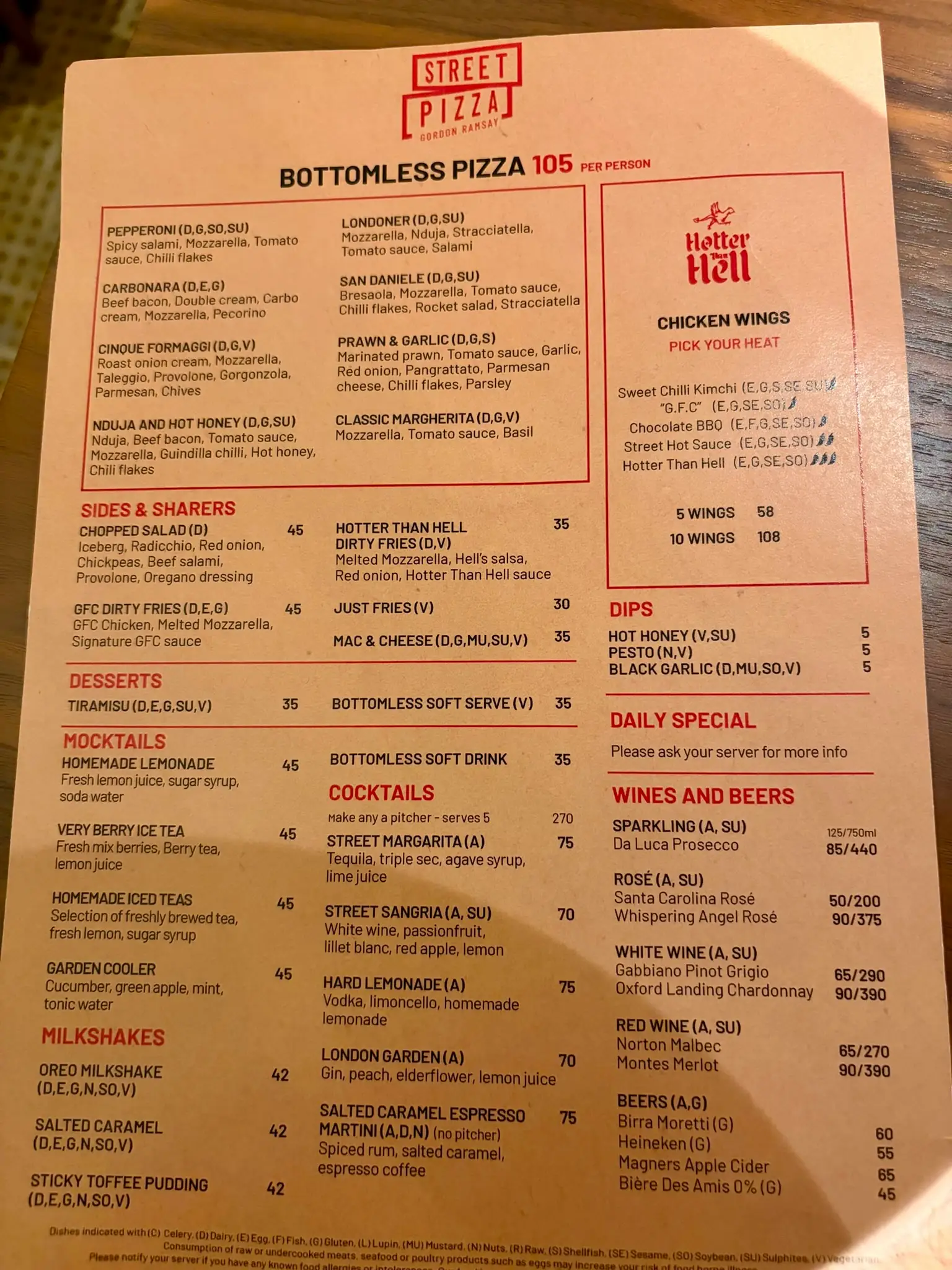 The menu at Gordon Ramsay's 