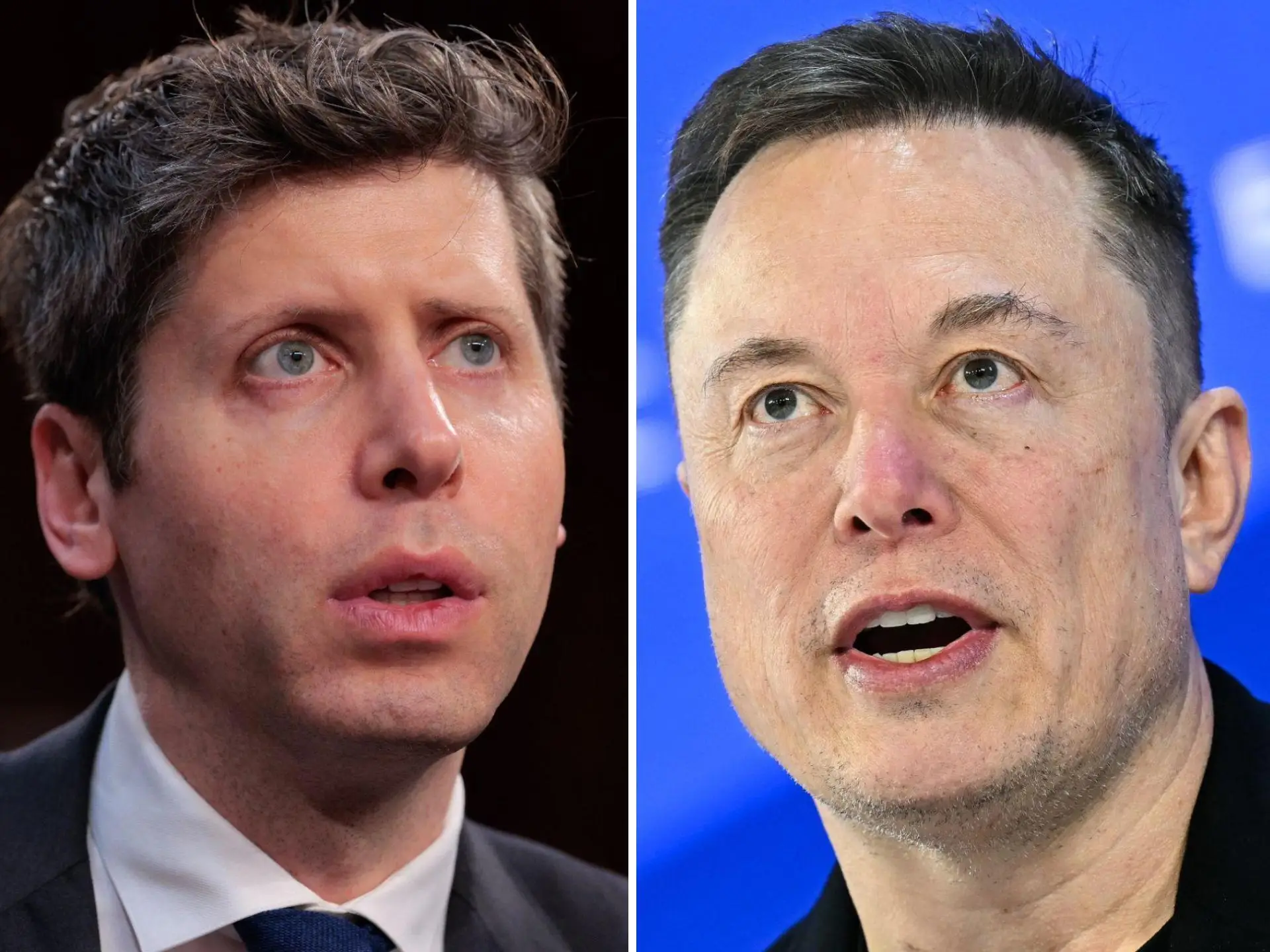Left: Sam Altman in front of black background. Right: Elon Musk in front of blue background.