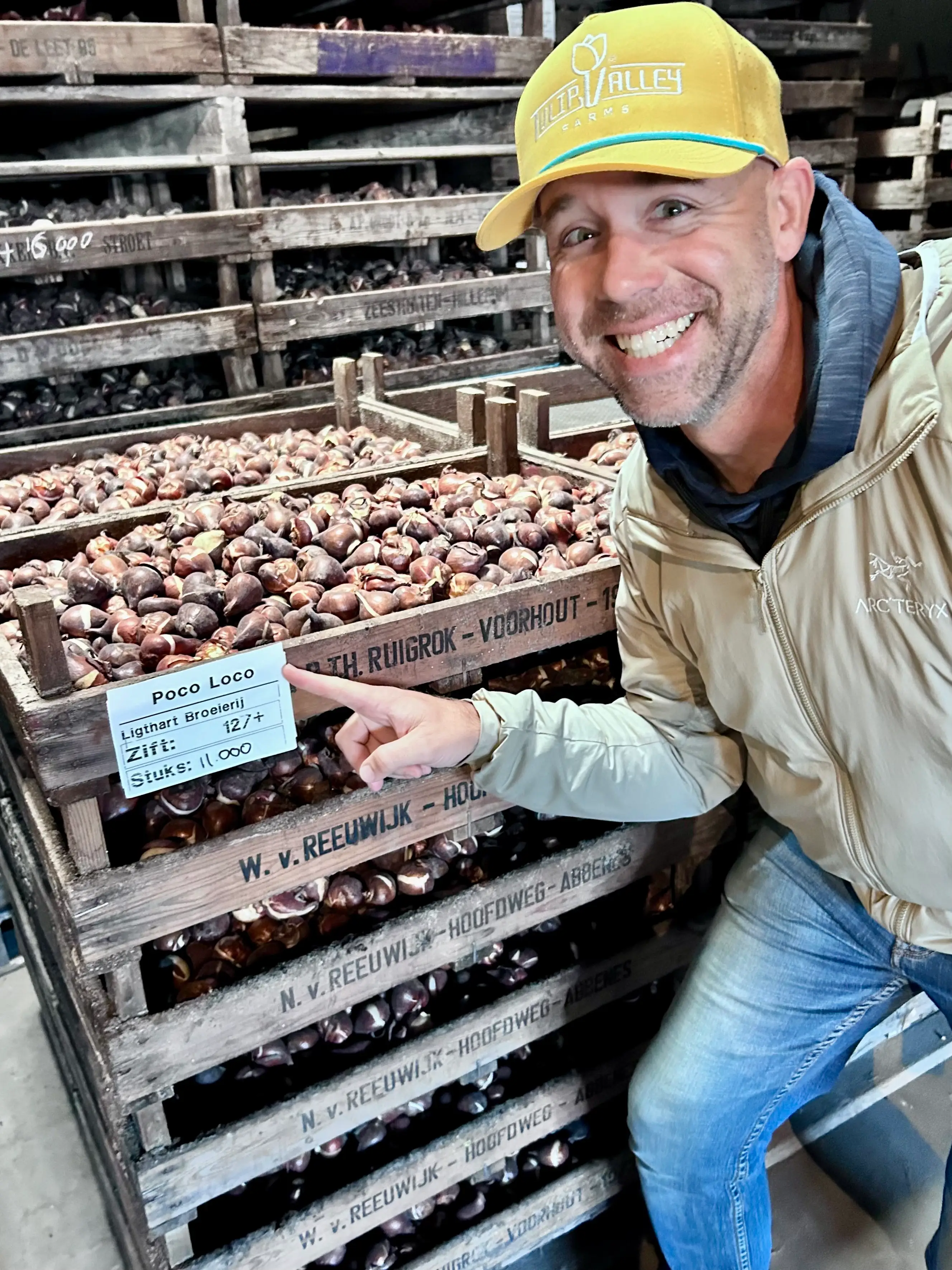 Andrew Miller is pointing at tulip bulbs.