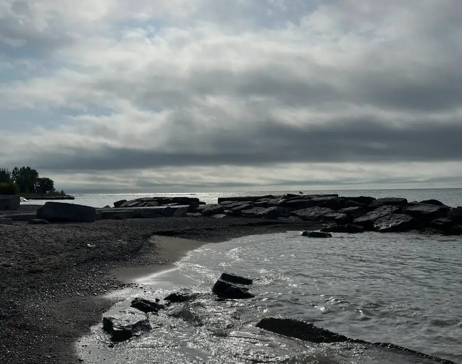 A gray, gloomy sky over a beach in Canada.