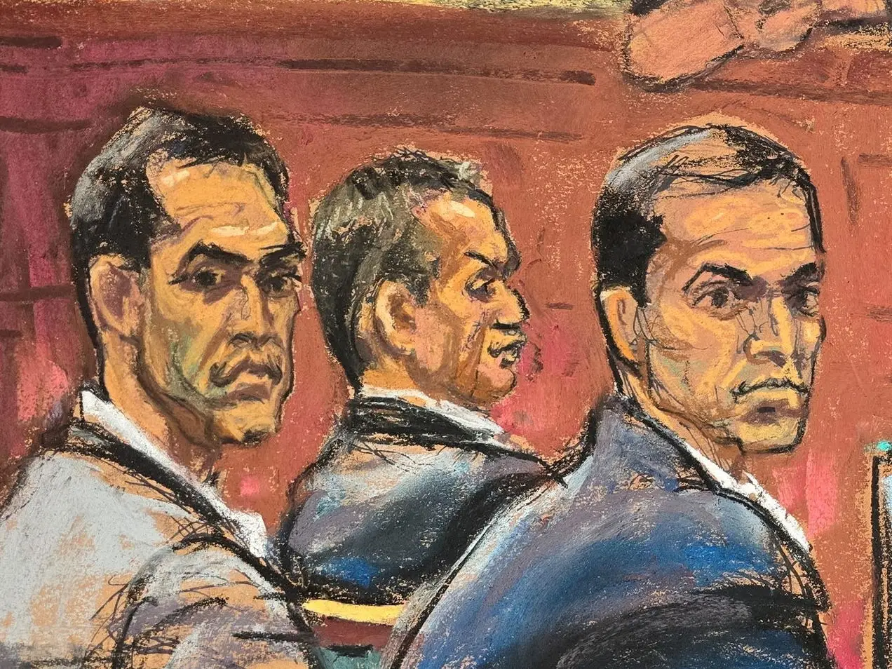 A courtroom sketch shows brothers Tal Alexander, Alon Alexander and Oren Alexander as prosecutor Madison Reddick Smyser delivers her opening statement in their sex-trafficking trial.
