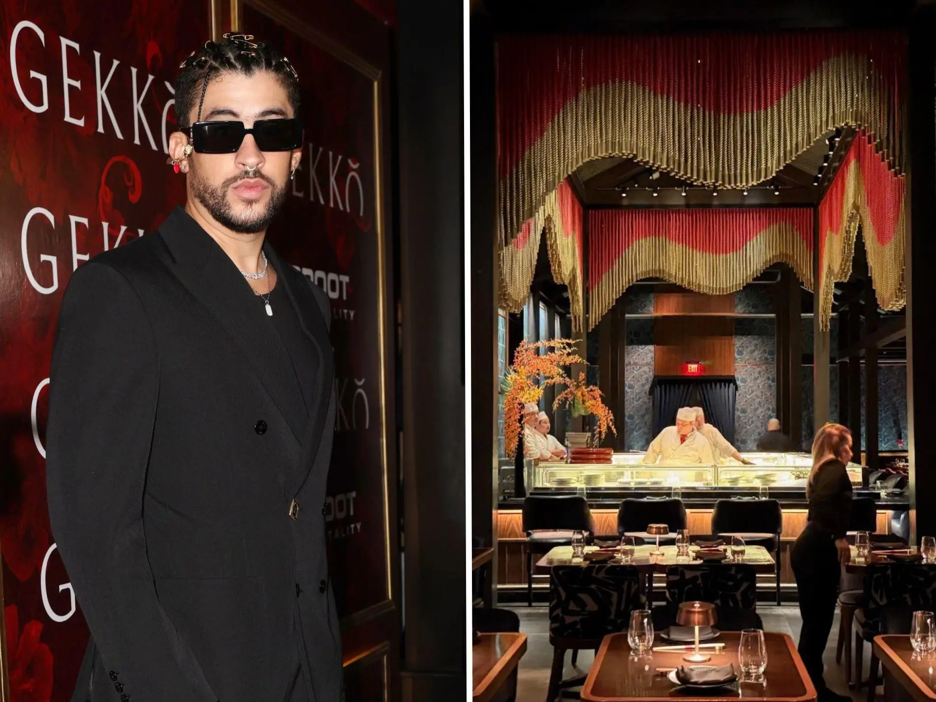 Split image of Bad Bunny and Gekko restaurant interior