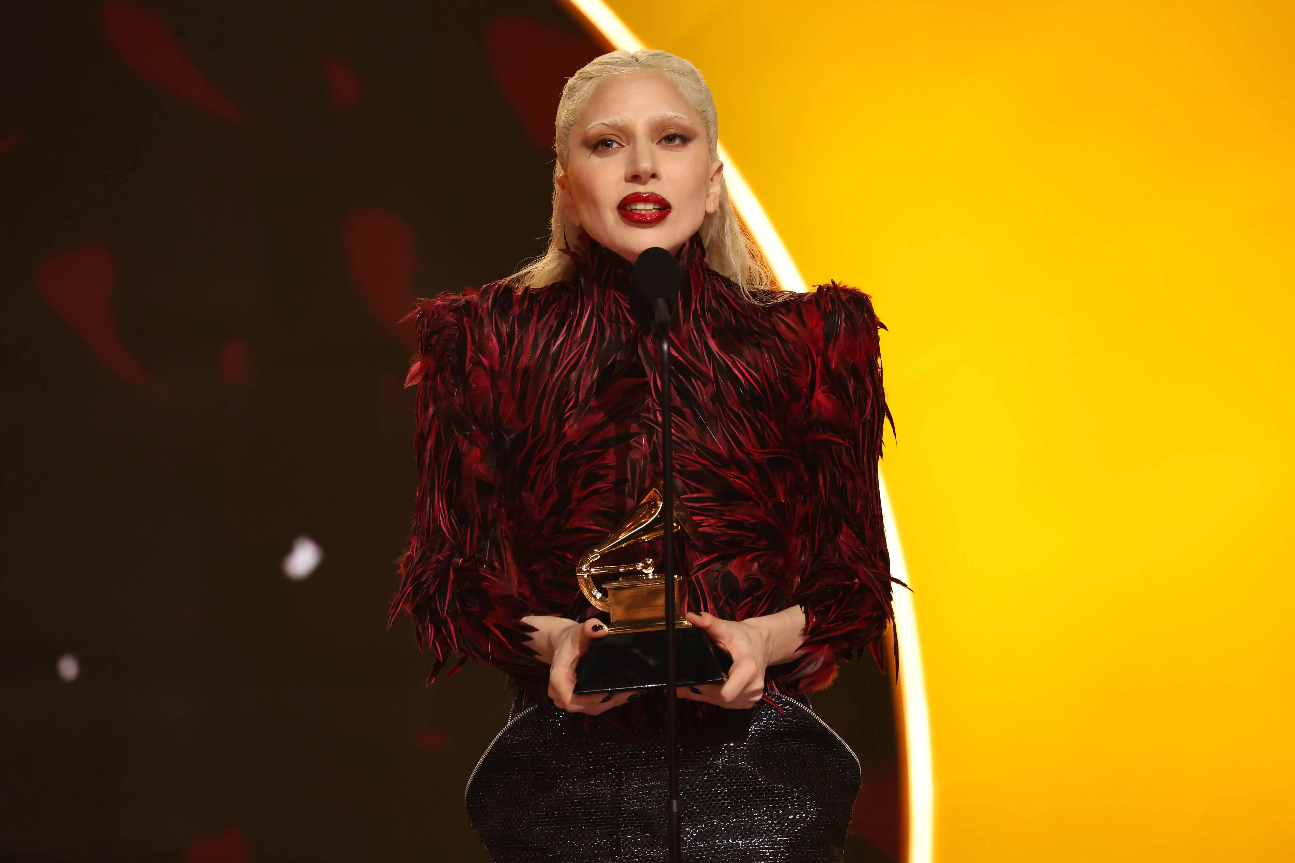 Lady Gaga accepts the award for best pop vocal album at the 2026 Grammys.