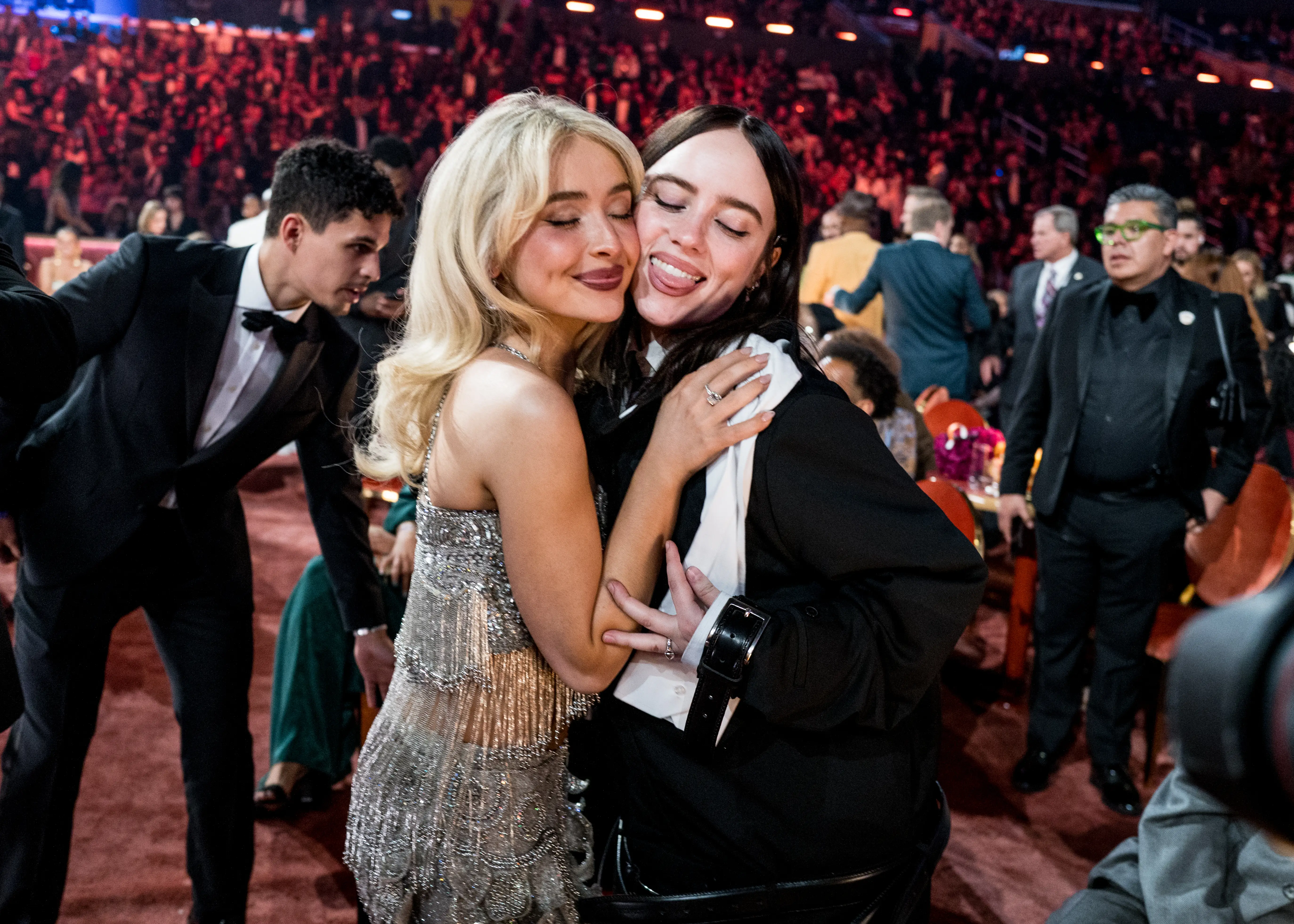 Sabrina Carpenter and Billie Eilish at the Grammy Awards in February 2026.