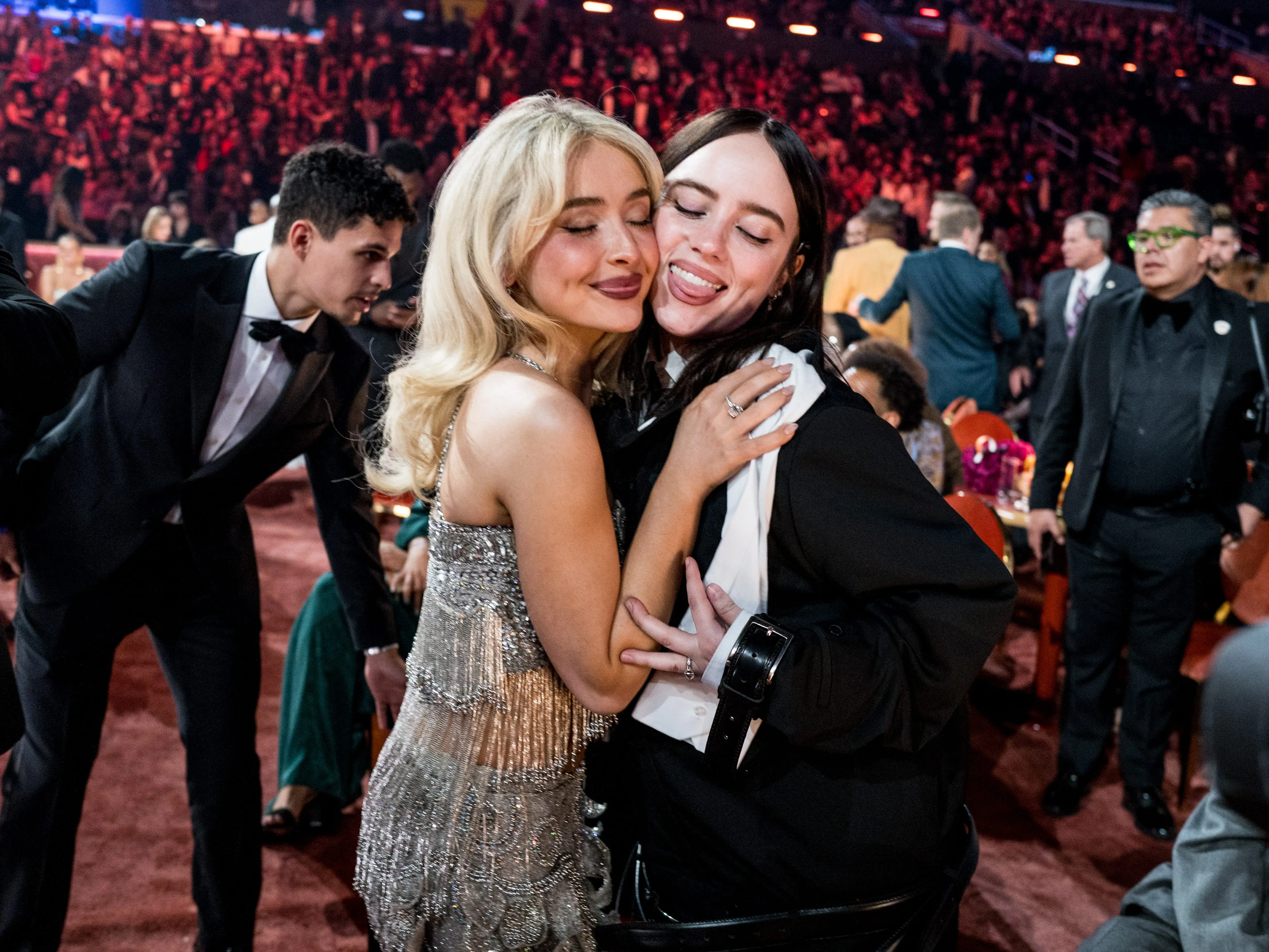 Sabrina Carpenter and Billie Eilish at the Grammy Awards in February 2026.