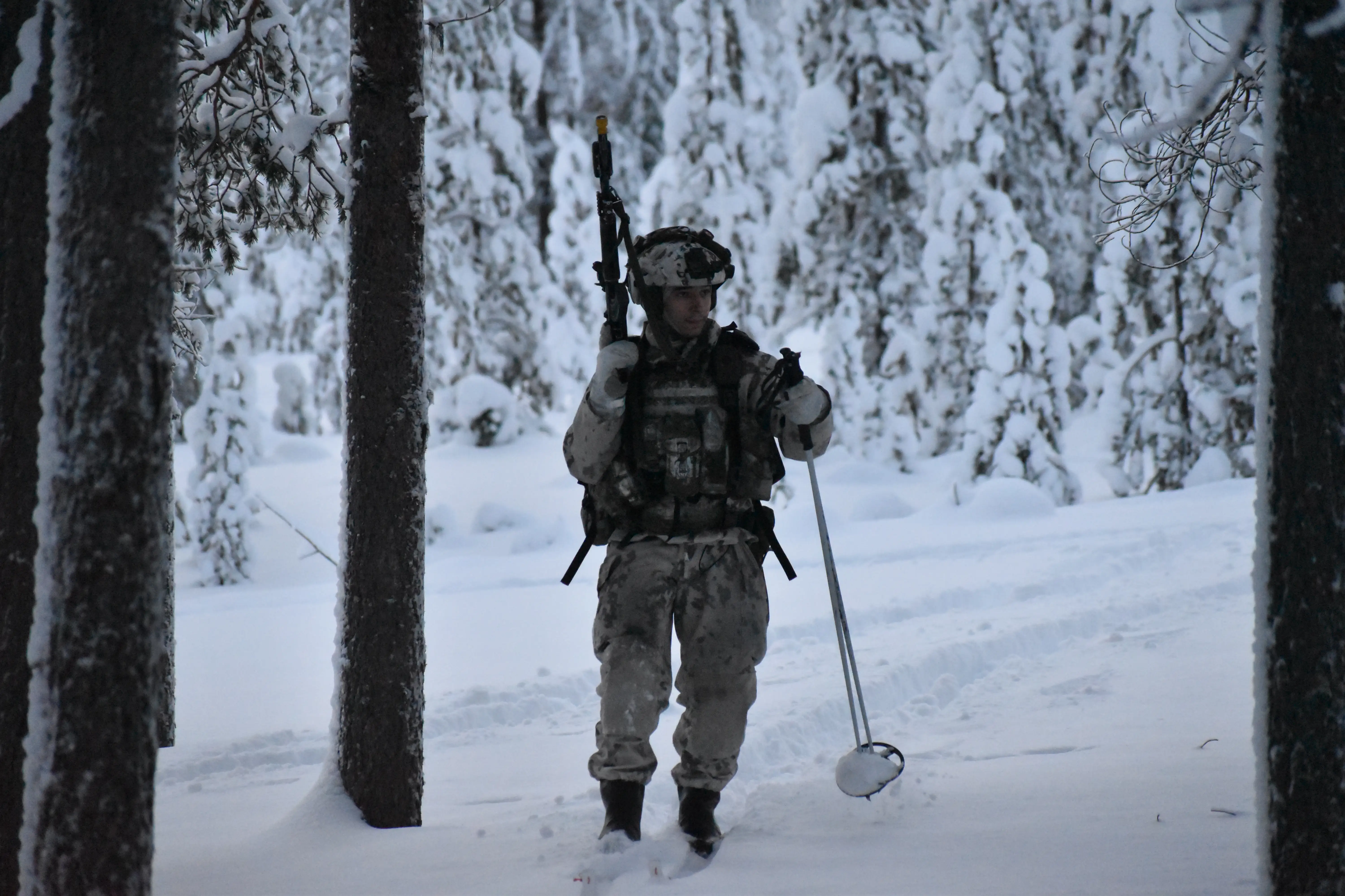 A NATO soldier moves during a training course in northern Finland in January 2026.