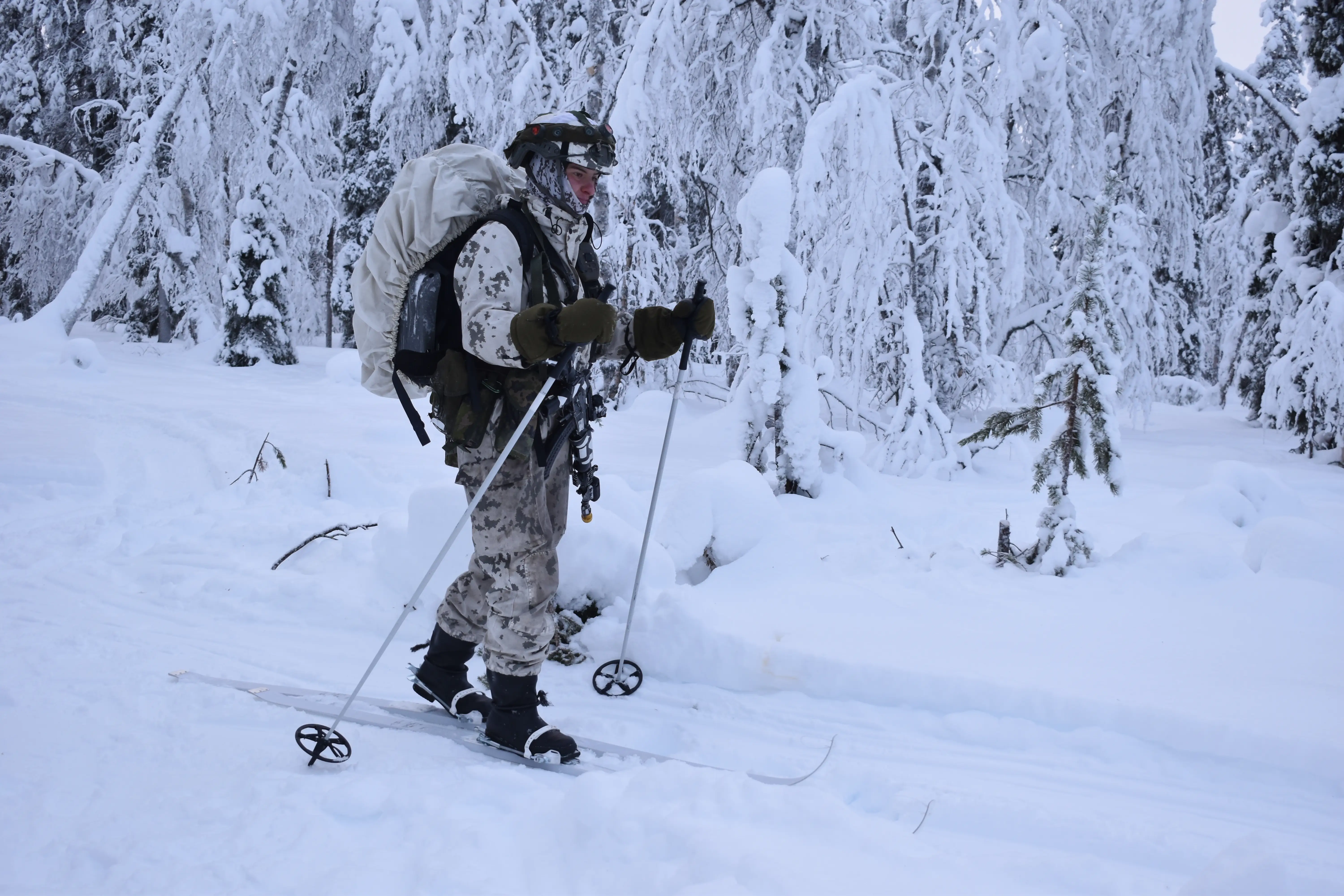 A NATO soldier moves during a course in northern Finland in January 2026.