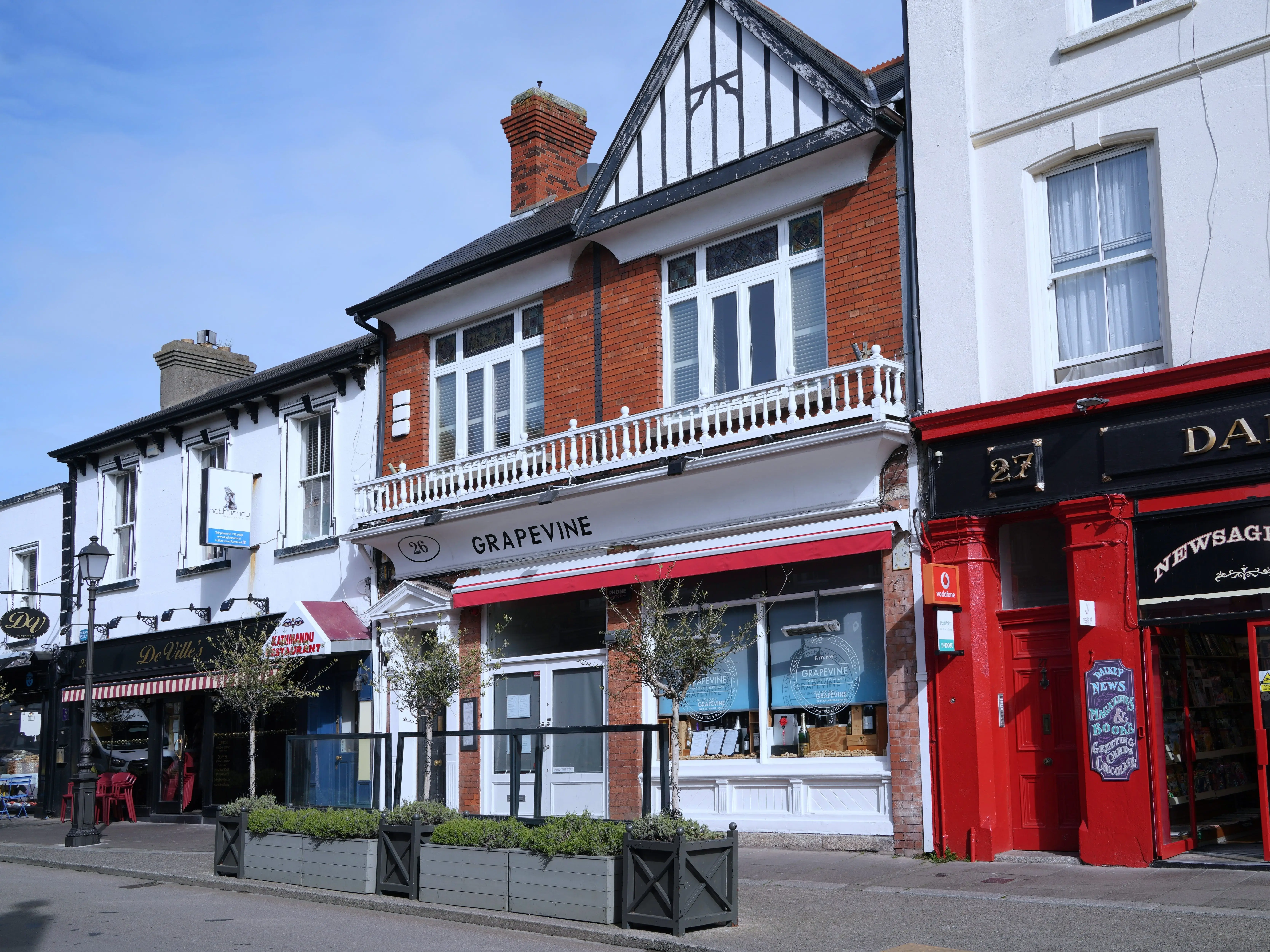 A street with small shops in Dalkey, Ireland.